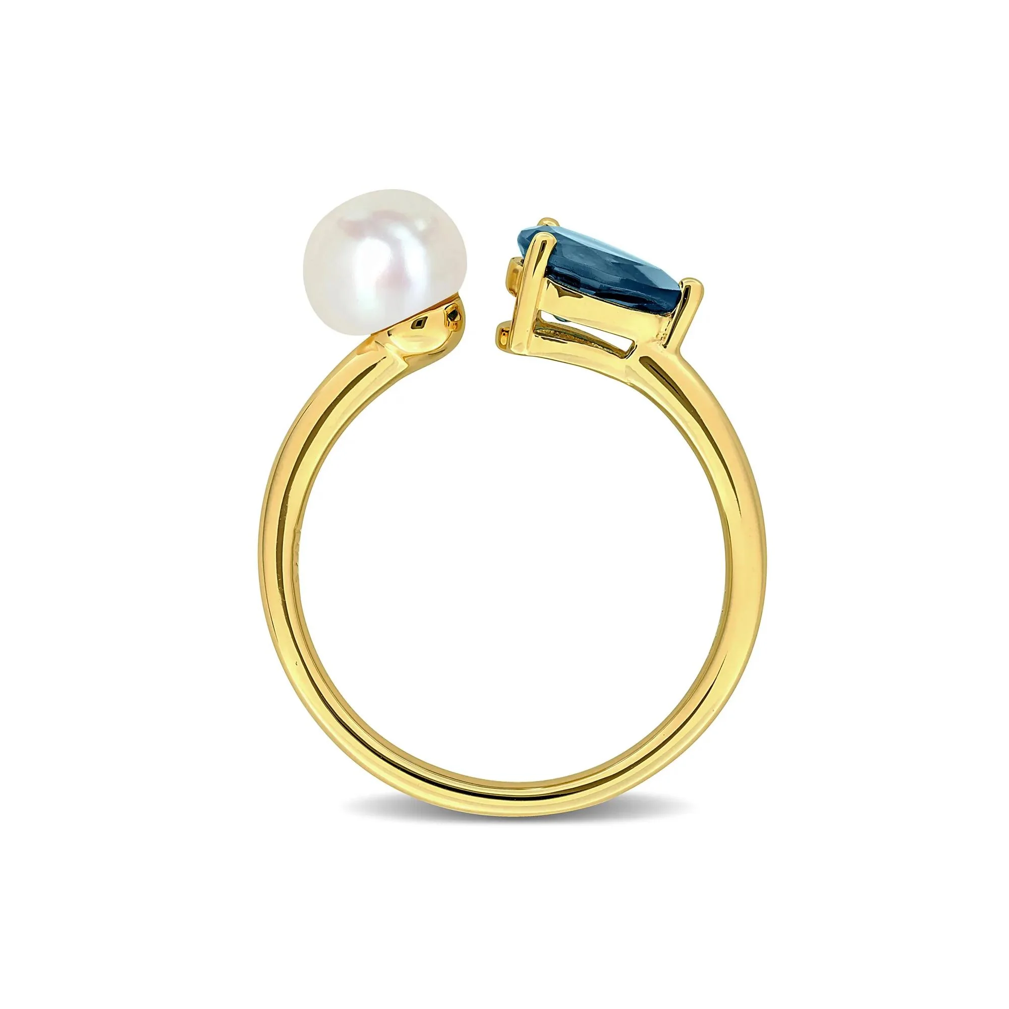 London Blue Topaz and Freshwater Pearl Bypass Ring 10K Yellow Gold Size 7 1.5mm