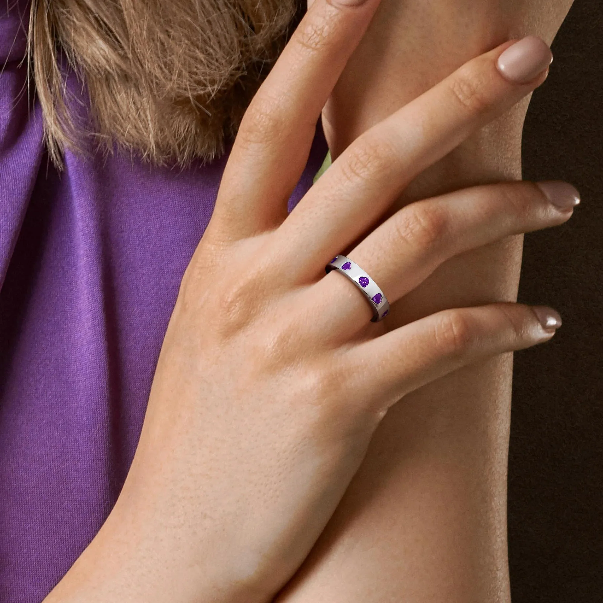 Heart-Shaped Amethyst Eternity Band Ring .925 Sterling Silver White Size 7 4mm - Image 5
