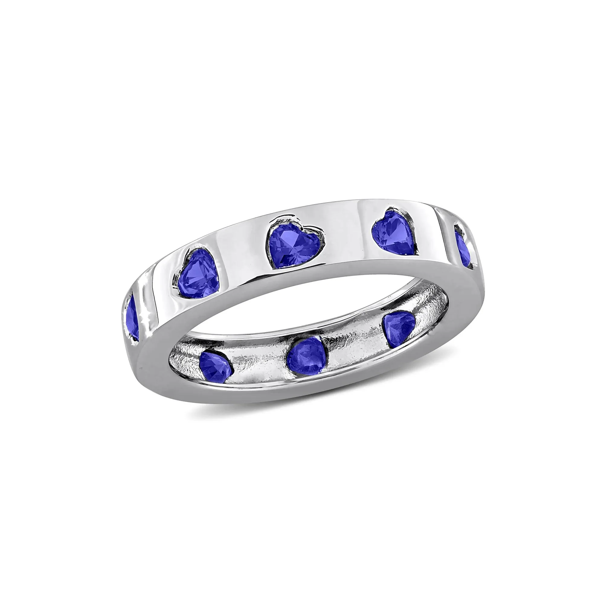 Heart-Shaped Lab-Created Blue Sapphire Eternity Band Ring .925 Sterling Silver White Size 5 4mm - Image 4