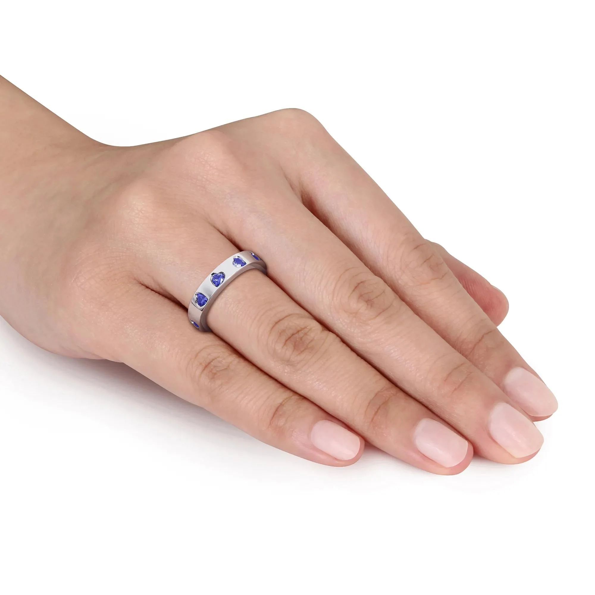Heart-Shaped Lab-Created Blue Sapphire Eternity Band Ring .925 Sterling Silver White Size 8 4mm - Image 5
