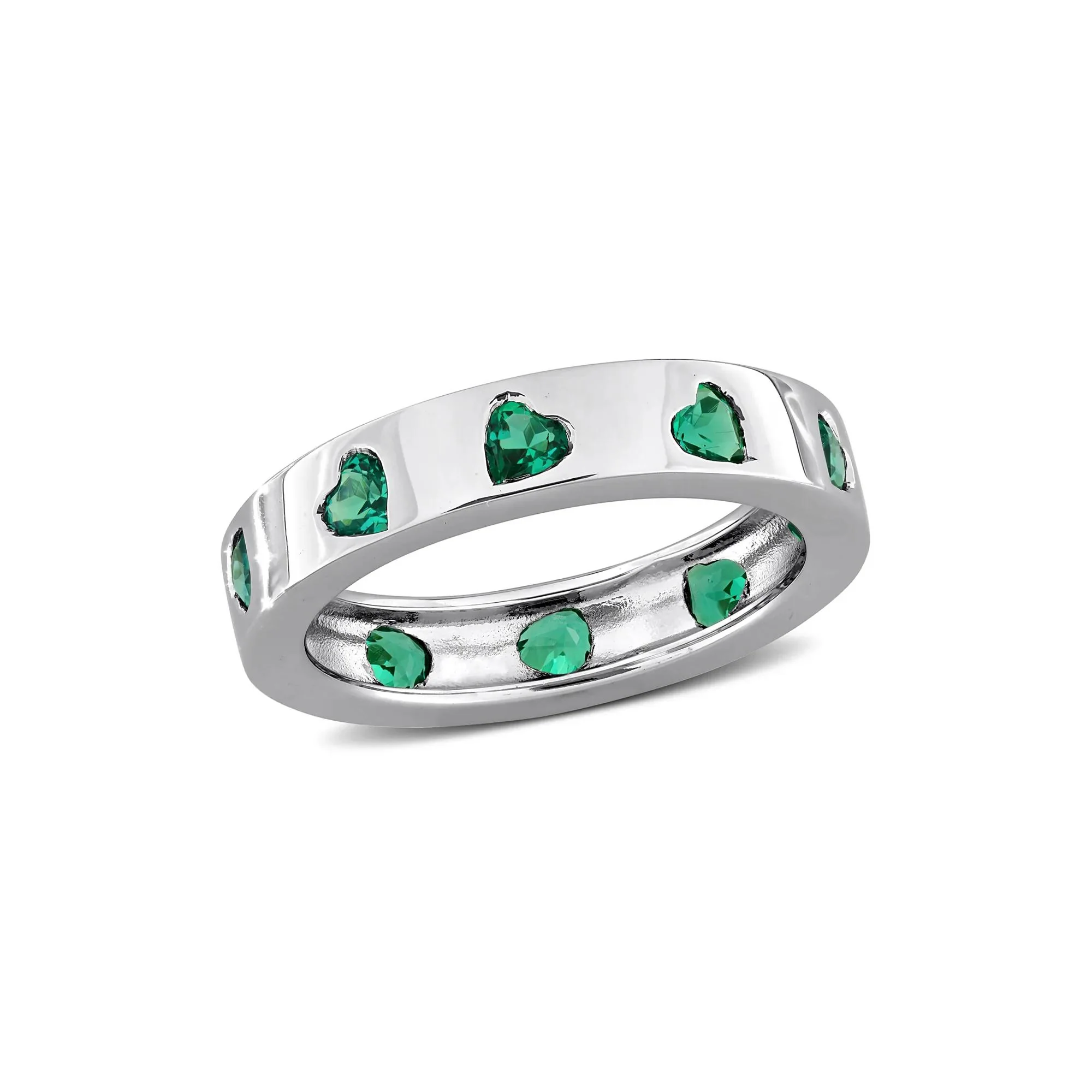 Heart-Shaped Lab-Created Emerald Eternity Band Ring .925 Sterling Silver White Size 6 4mm - Image 4