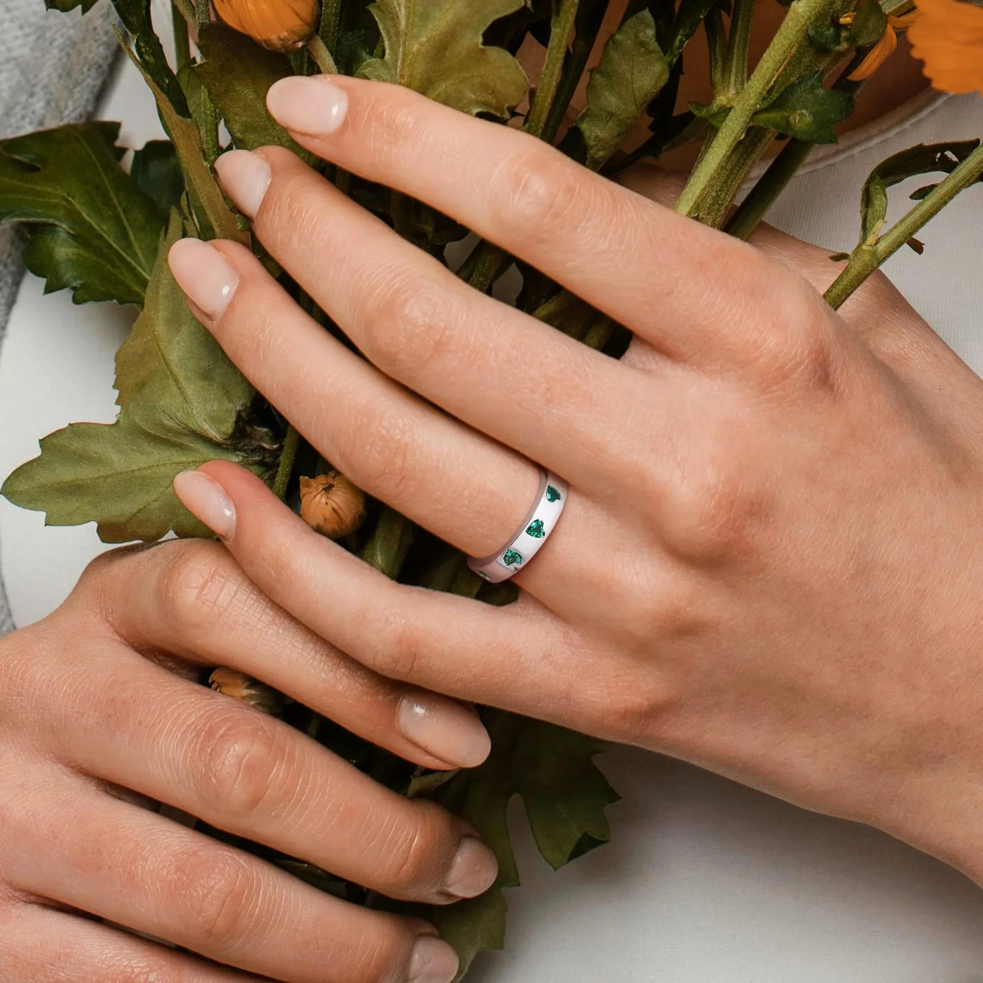 Heart-Shaped Lab-Created Emerald Eternity Band Ring .925 Sterling Silver White Size 6 4mm - Image 5