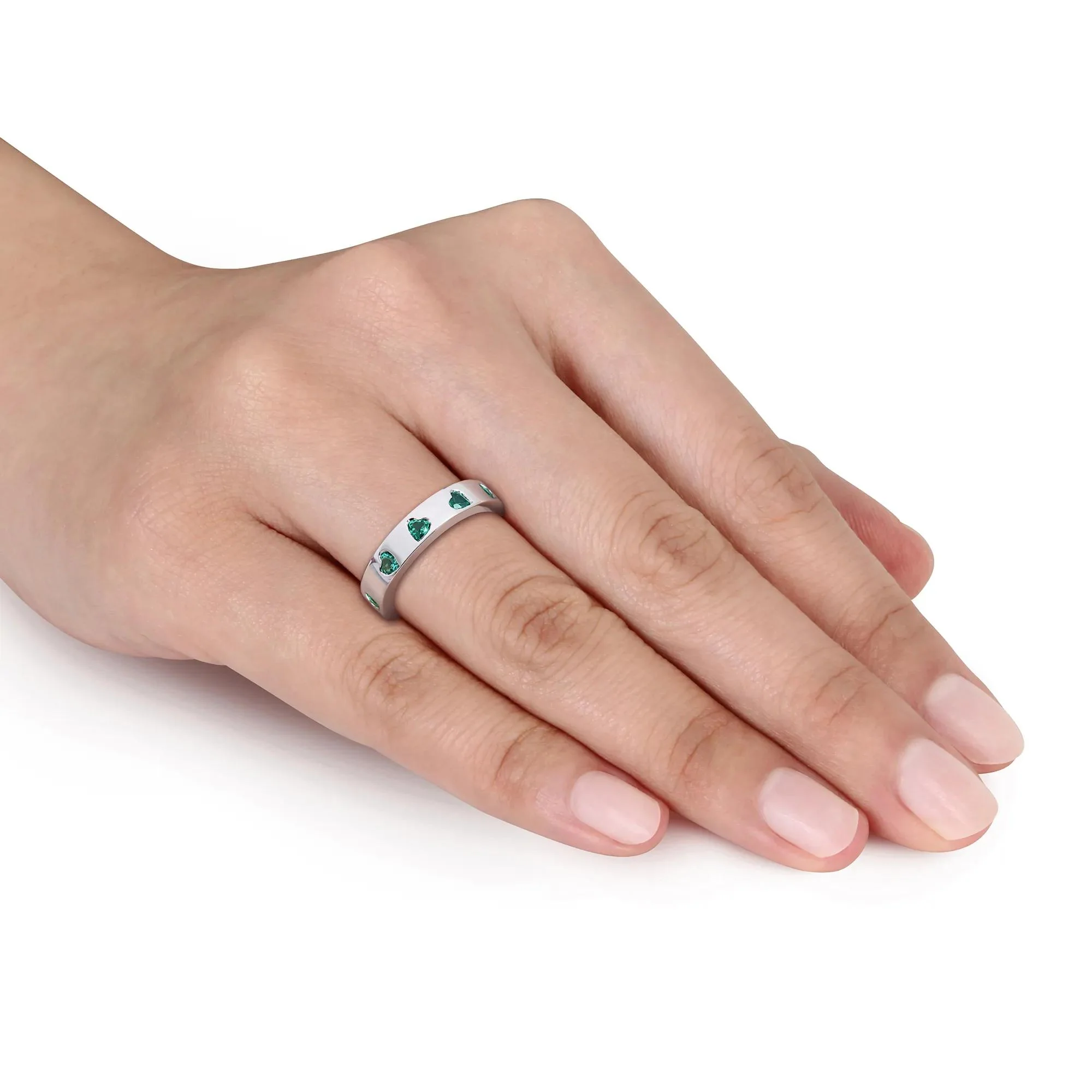 Heart-Shaped Lab-Created Emerald Eternity Band Ring .925 Sterling Silver White Size 6 4mm - Image 6