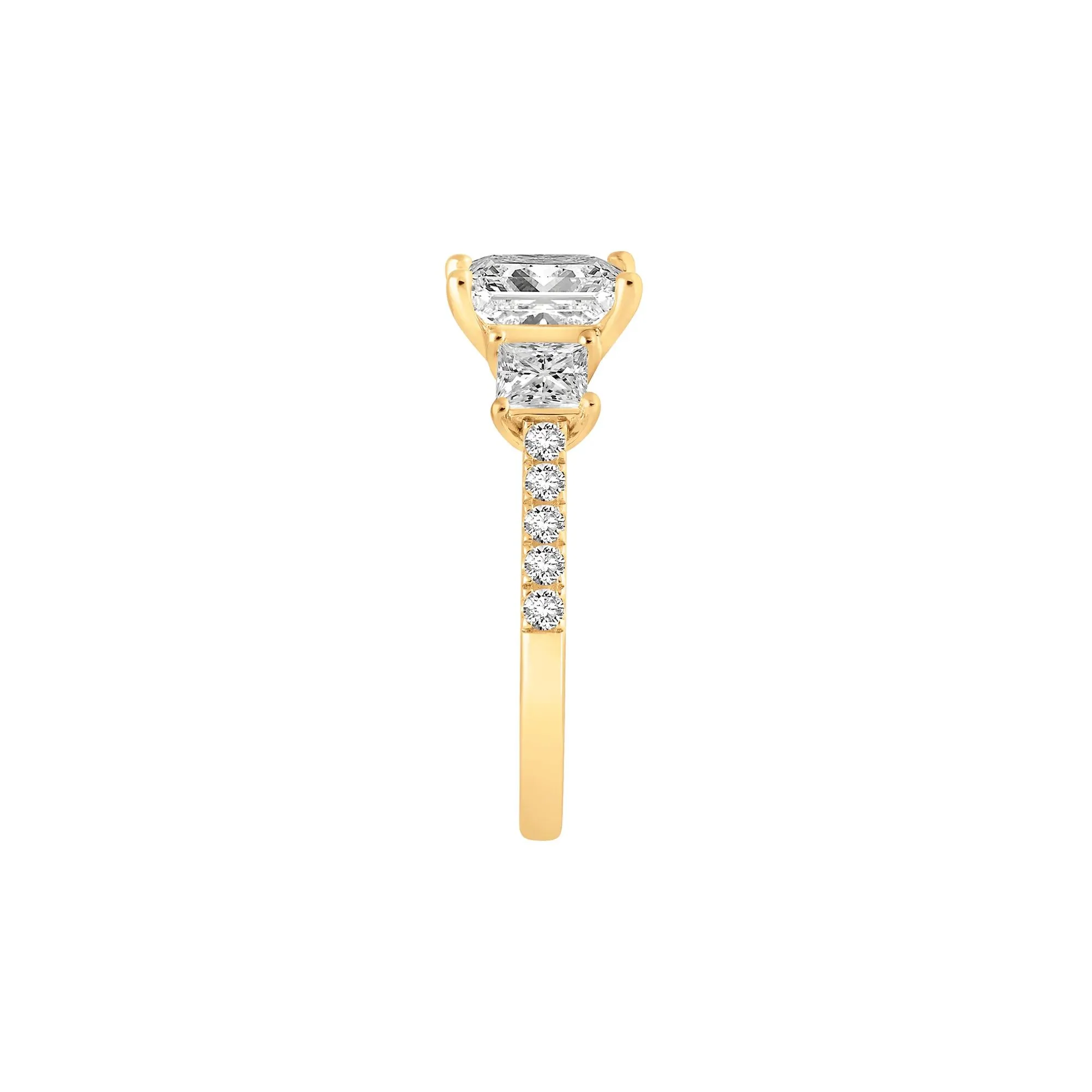 3 CT. Tw. Lab Grown Diamond Princess-Cut Three-Stone Engagement Ring 14K Yellow Gold Round Brilliant Cut Size 6.5 - Image 3
