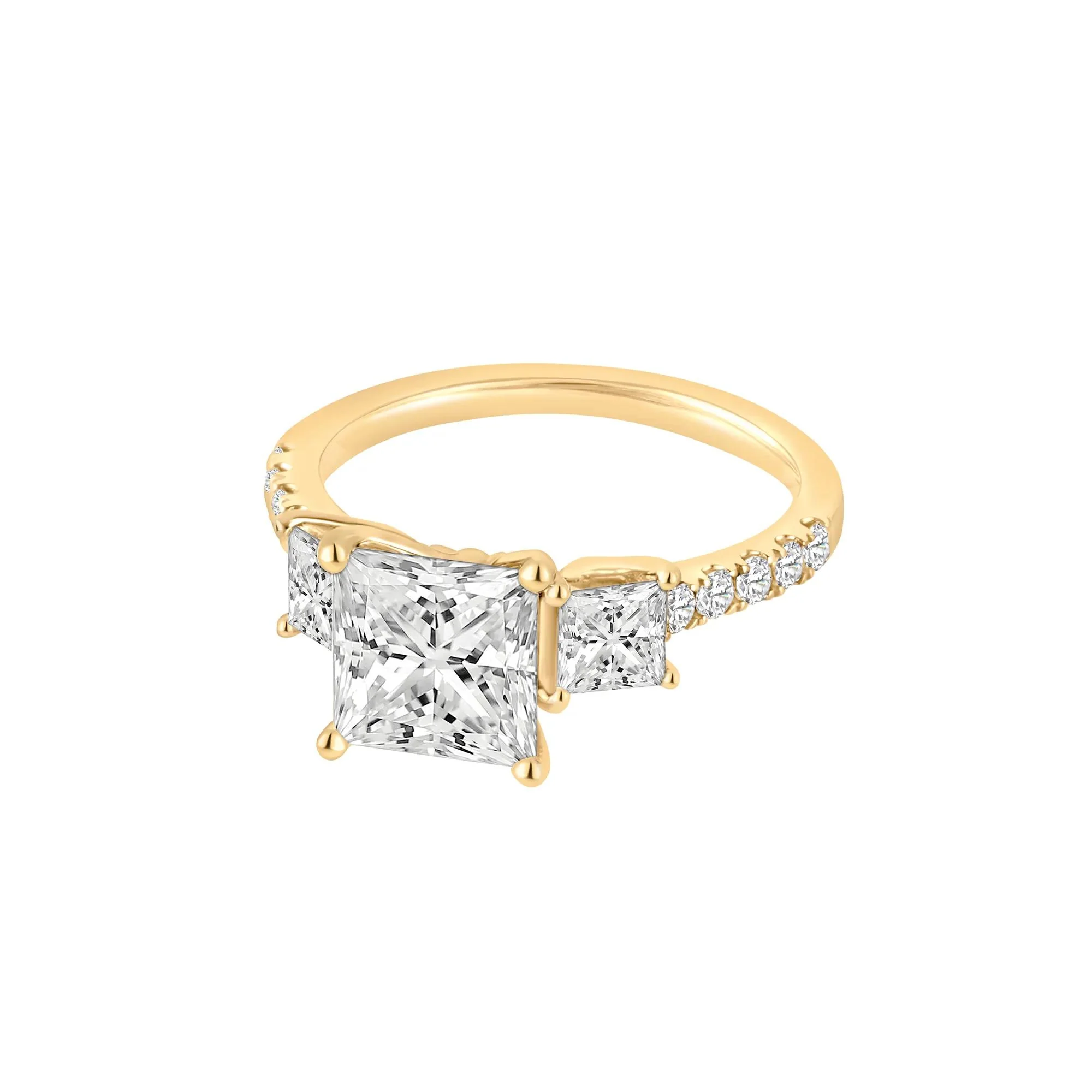 3 CT. Tw. Lab Grown Diamond Princess-Cut Three-Stone Engagement Ring 14K Yellow Gold Round Brilliant Cut Size 7 - Image 4