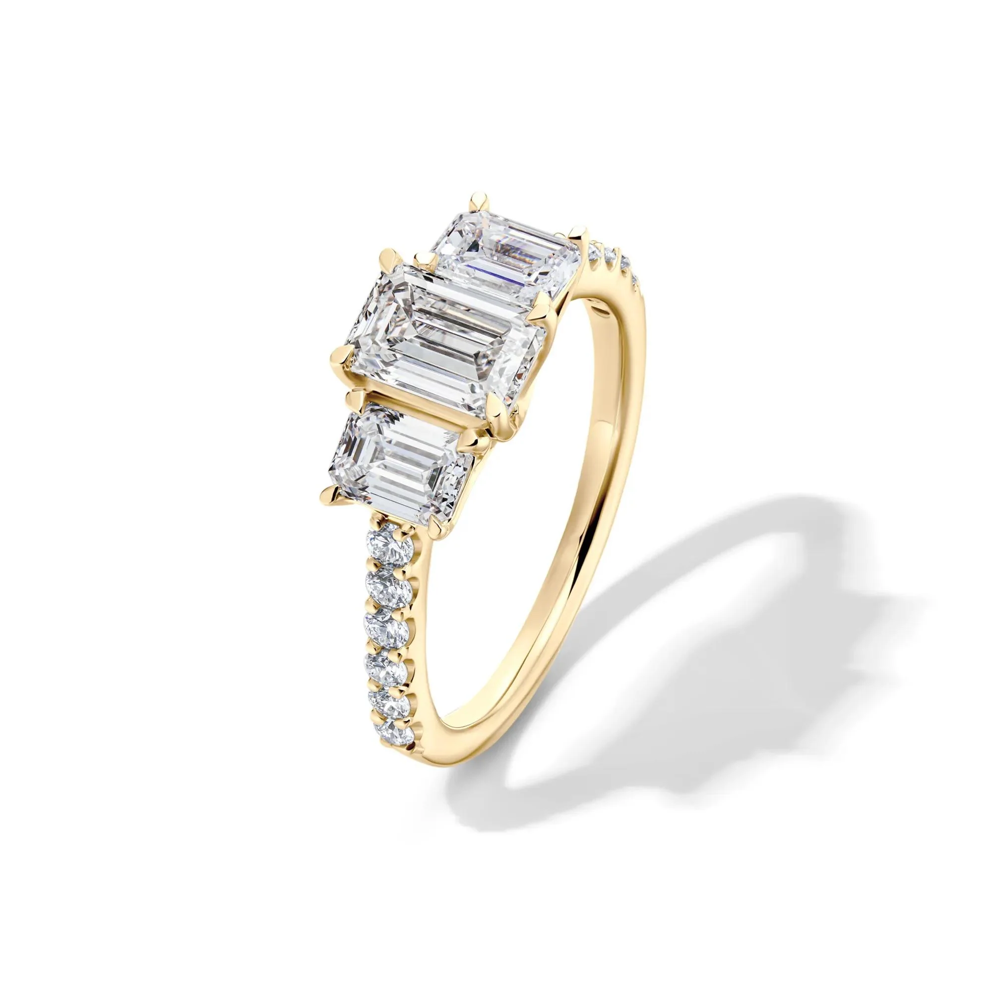 2 CT. Tw. Lab Grown Diamond Emerald-Cut Three Stone Ring 14K Yellow Gold Round Brilliant Cut Size 6 - Image 4