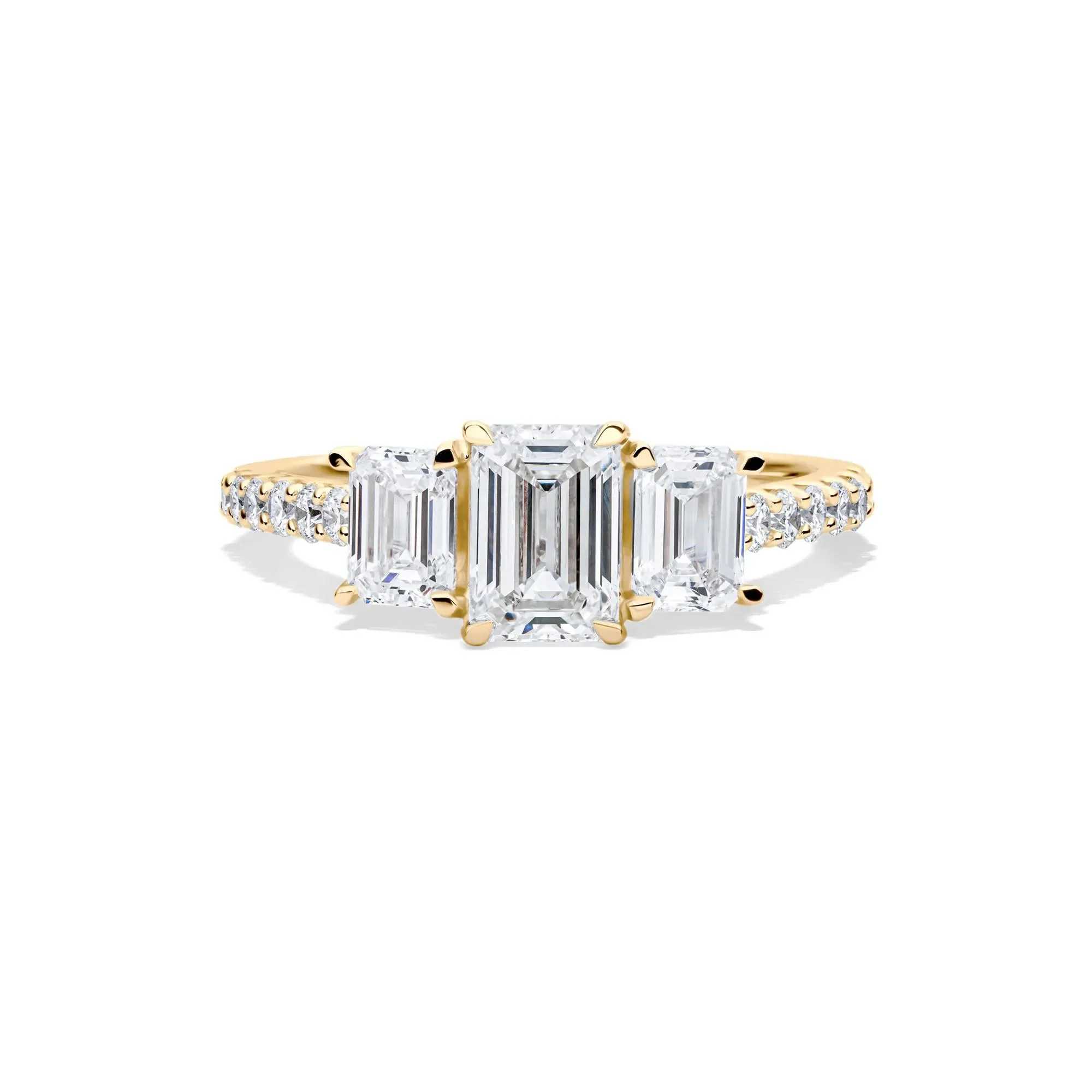 2 CT. Tw. Lab Grown Diamond Emerald-Cut Three Stone Ring 14K Yellow Gold Round Brilliant Cut Size 7