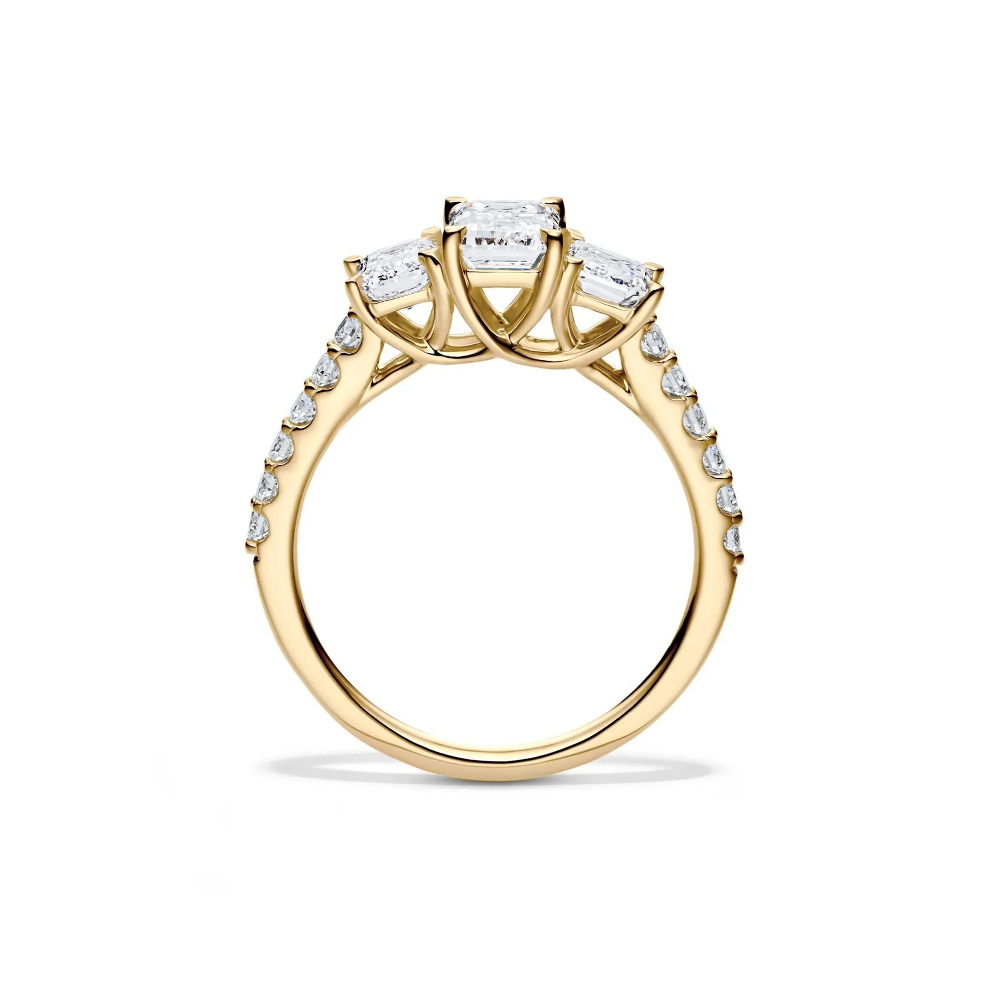 2 CT. Tw. Lab Grown Diamond Emerald-Cut Three Stone Ring 14K Yellow Gold Round Brilliant Cut Size 8 - Image 2