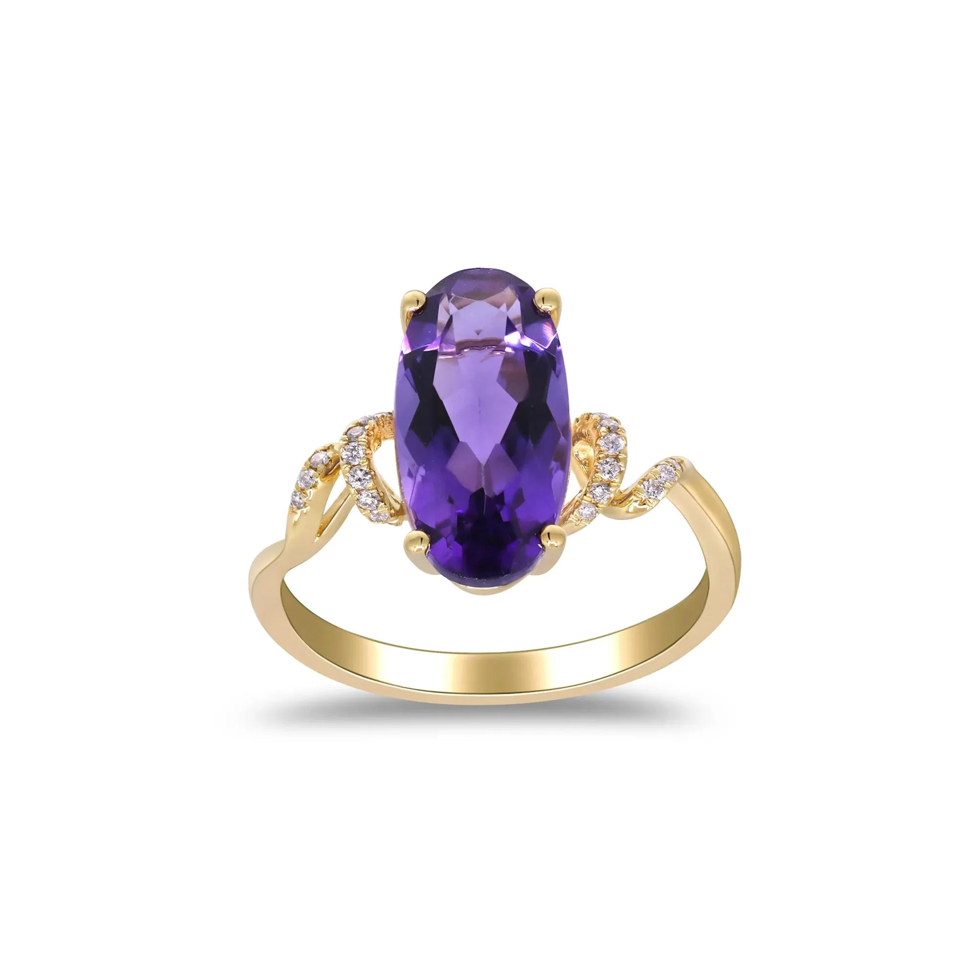 Amethyst and Diamond Accent Ring 10K Yellow Gold Round Brilliant Cut Size 8.5 2mm - Image 4