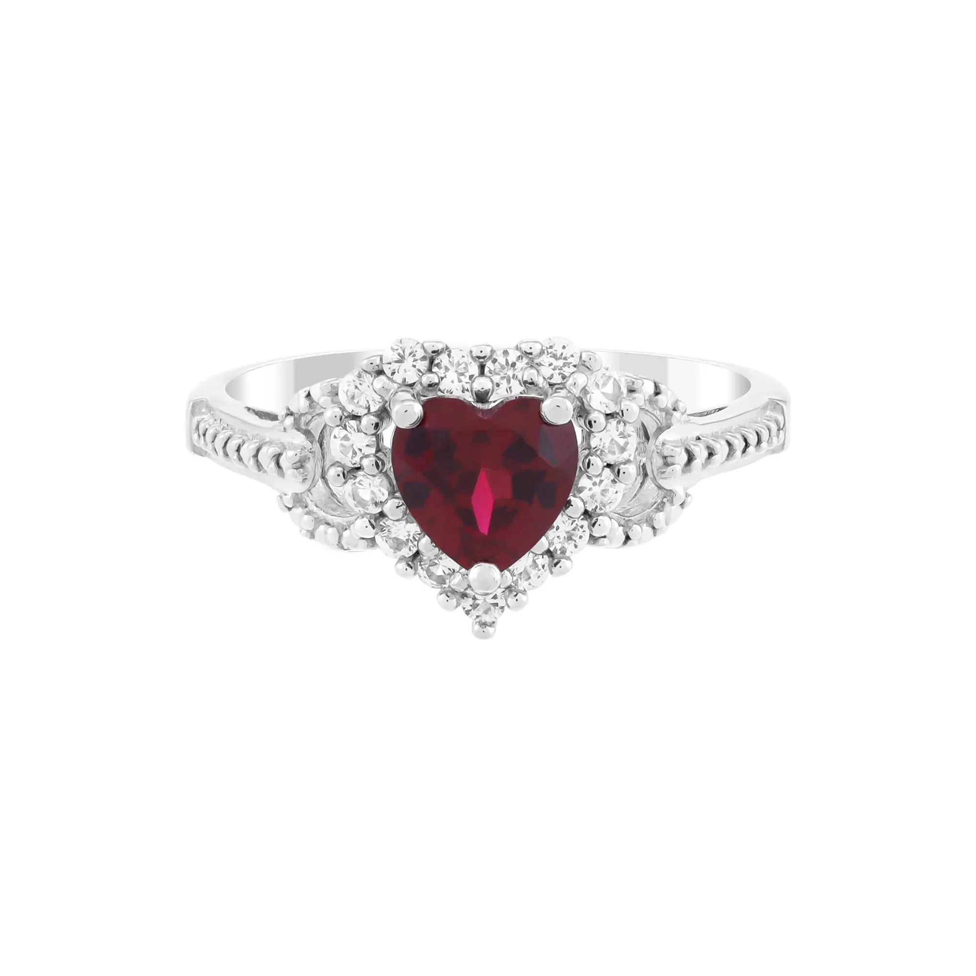 Lab-Created Ruby and Lab-Created White Sapphire Heart Ring .925 Sterling Silver Size 7 2.5mm