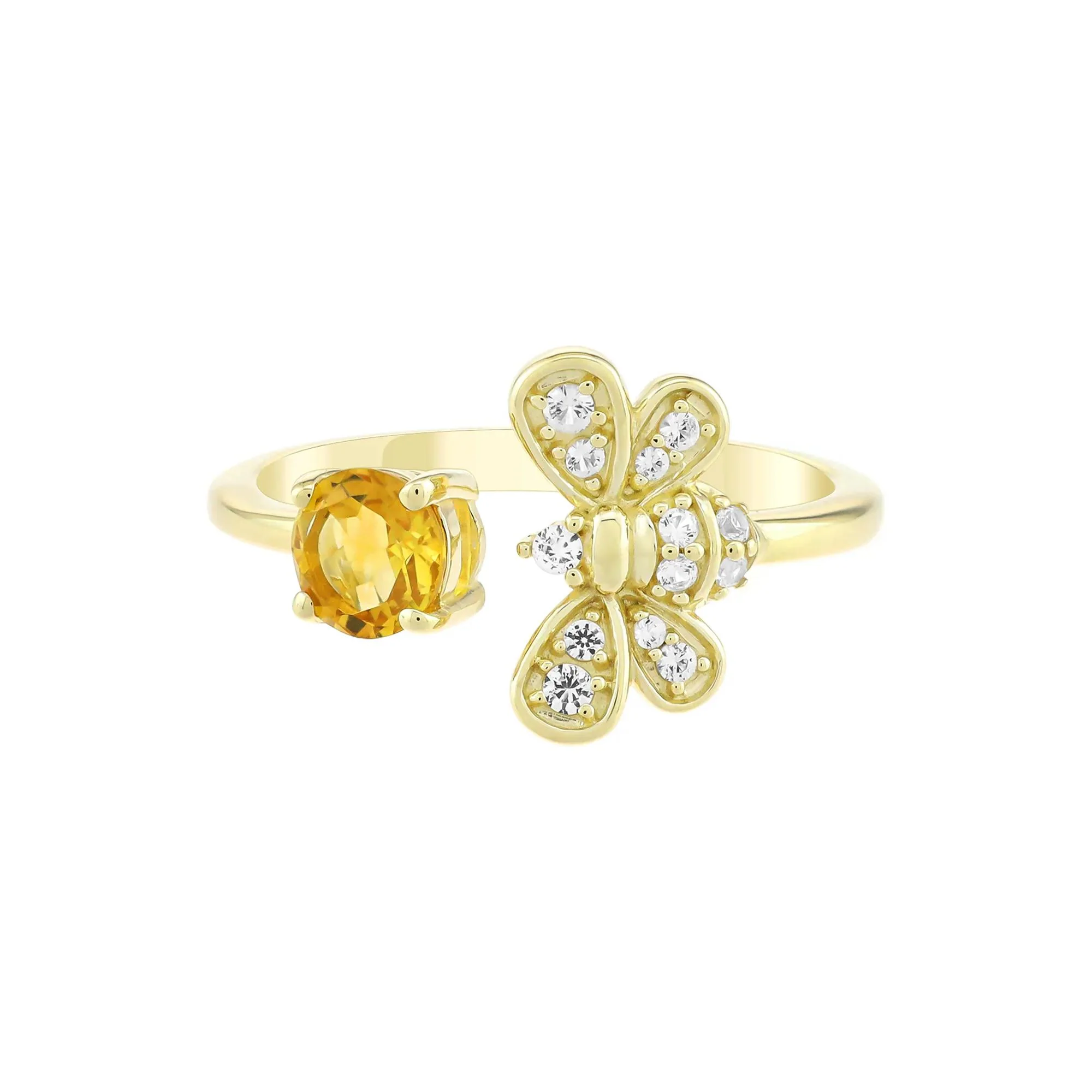 Citrine and White Sapphire Bee Ring 10K Yellow Gold Size 7 1.5mm