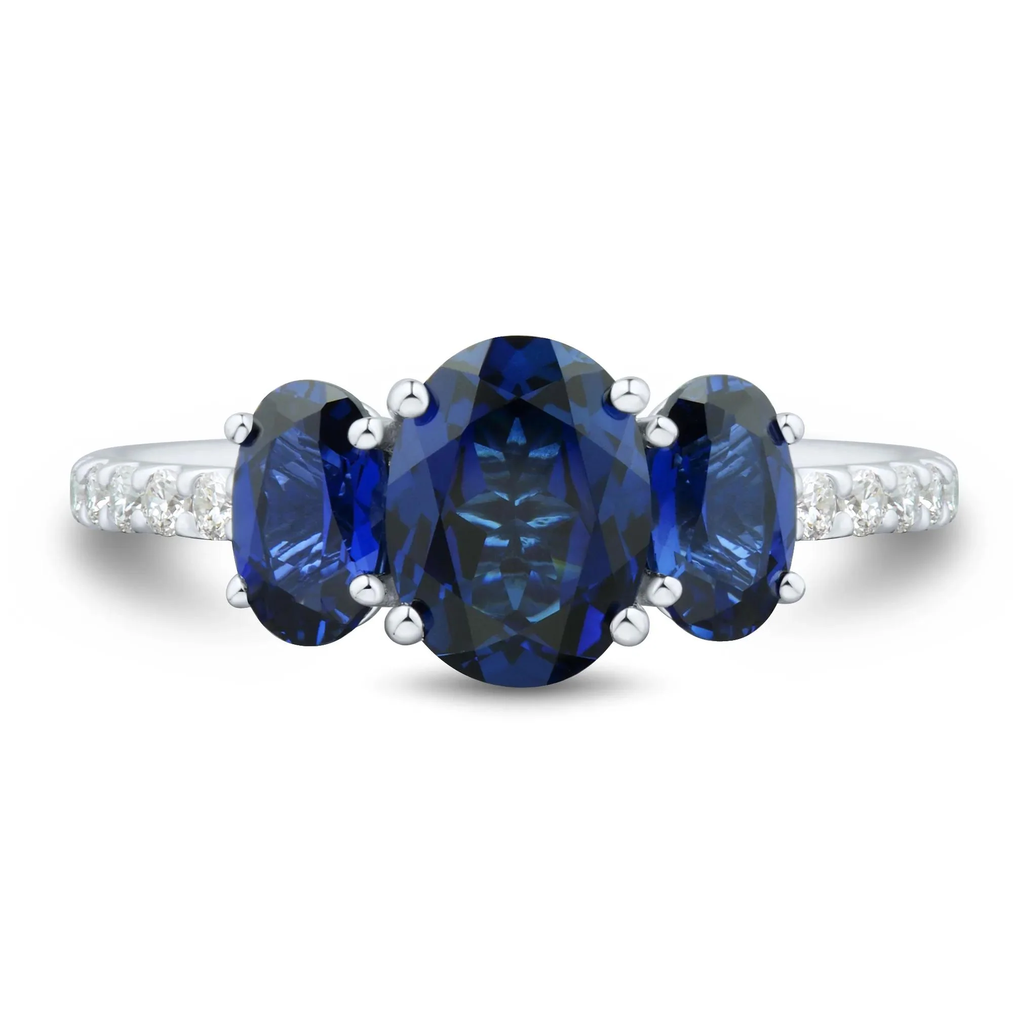 1/5 CT. Tw. Lab-Created Blue Sapphire and Lab Grown Diamond Three-Stone Ring 10K White Gold Size 6.5 1mm