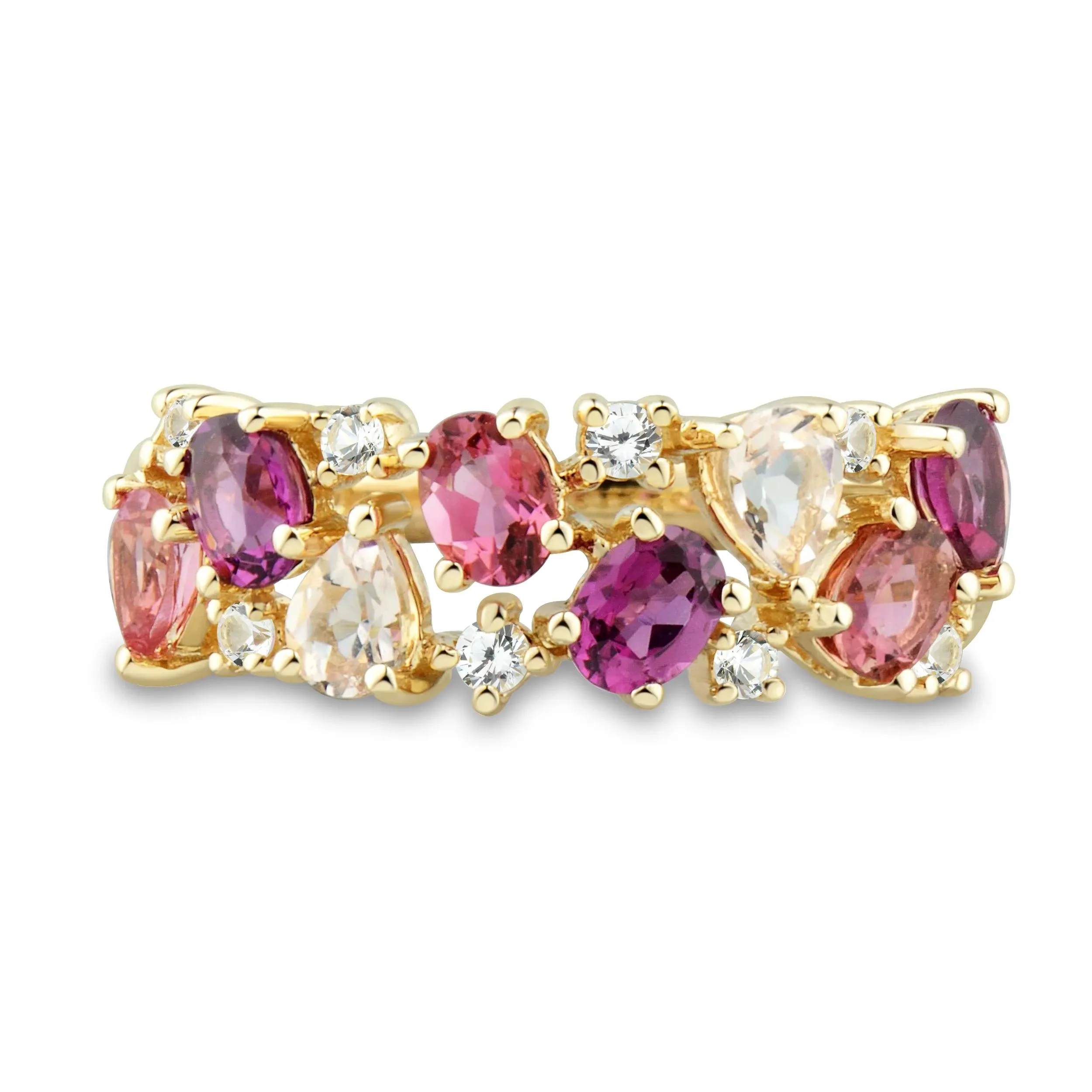 Multi-Shape Pink Morganite Pink Tourmaline Red Garnet and White Topaz Ring 10K Yellow Gold Size 6.5 1mm