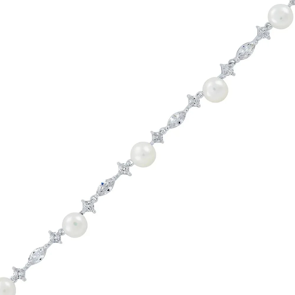 Freshwater Cultured Pearl & Lab Created White Sapphire Necklace .925 Sterling Silver Size 17" - Image 2