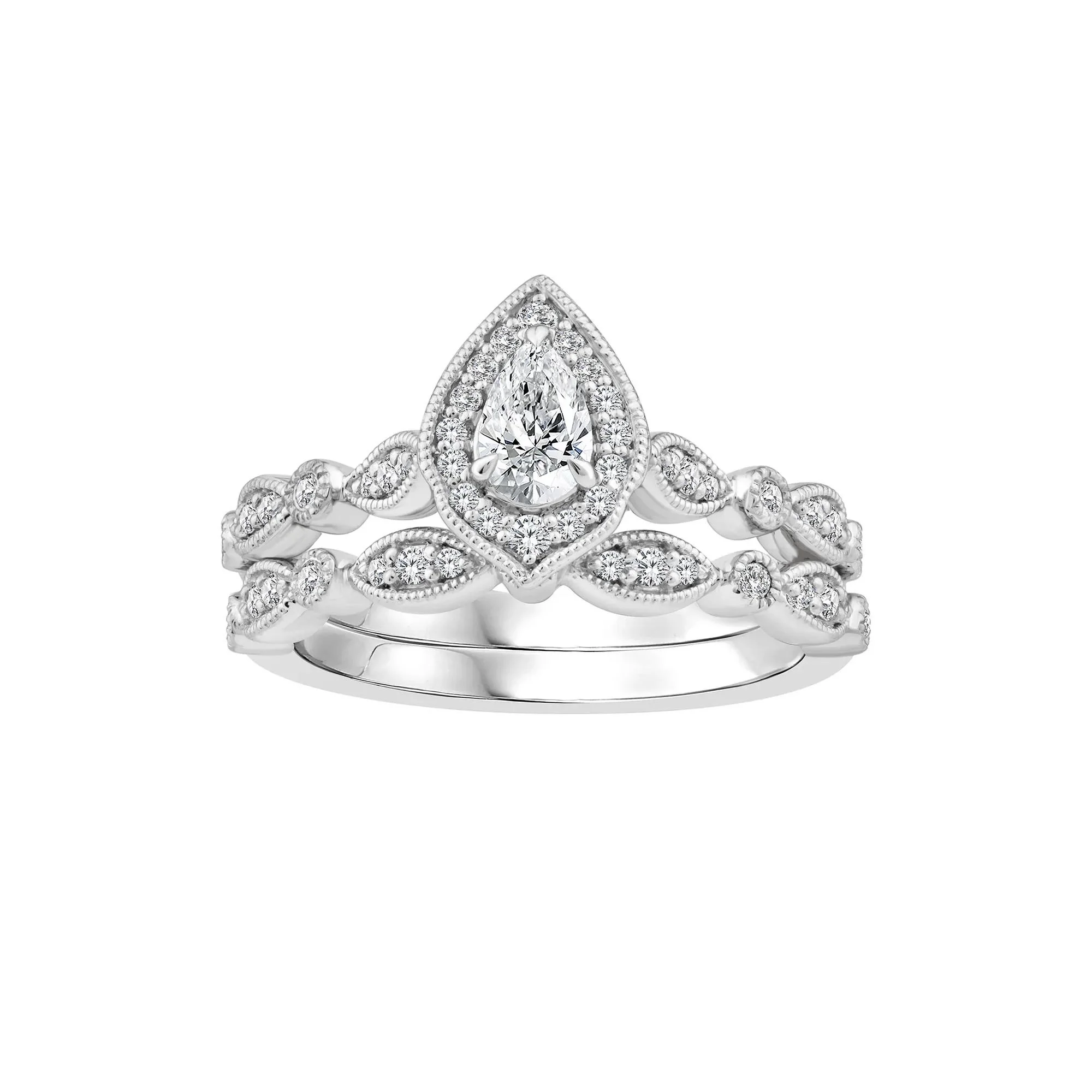 5/8 CT. Tw. Pear-Shaped Diamond Engagement Set 14K White Gold Ring Size 8 2mm