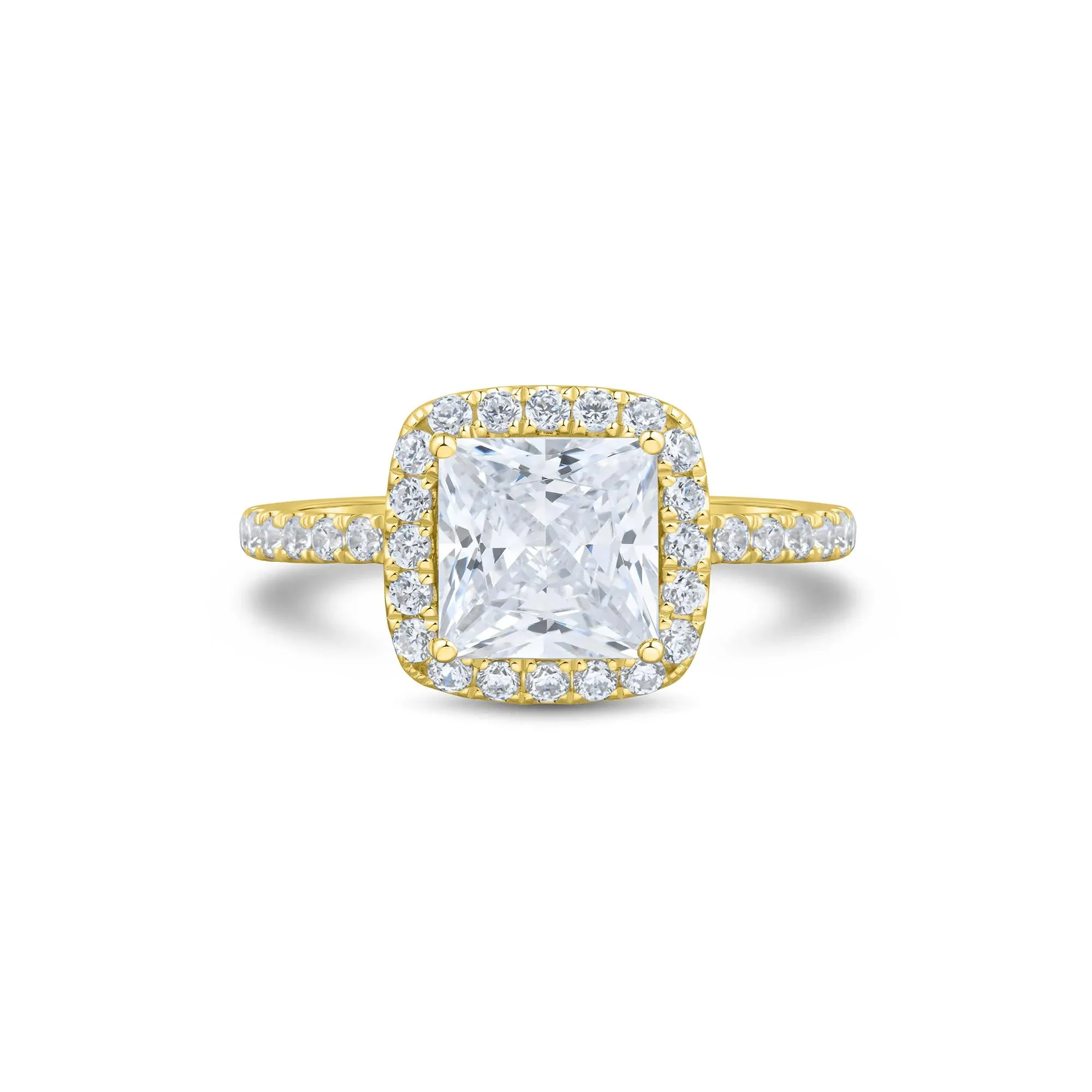 2 CT. Tw. Lab Grown Diamond Princess-Cut Halo Engagement Ring 14K Yellow Gold Round Brilliant Cut Size 8.5 1.5mm