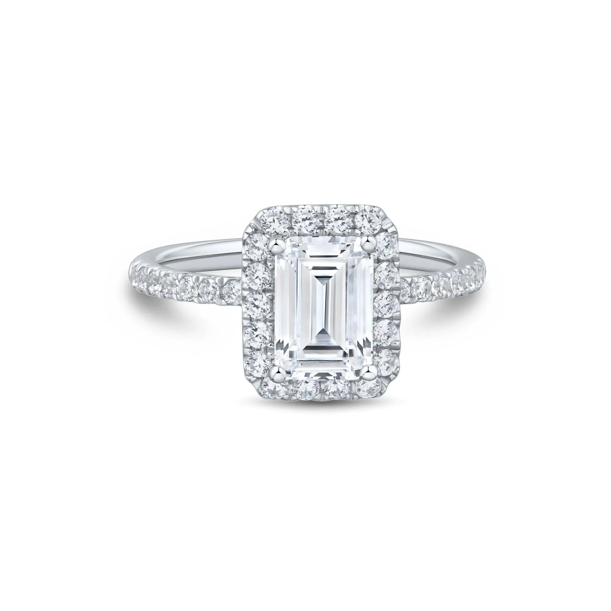 2 CT. Tw. Lab Grown Diamond Emerald-Cut Halo Engagement Ring 14K White Gold Size 6.5 1.5mm