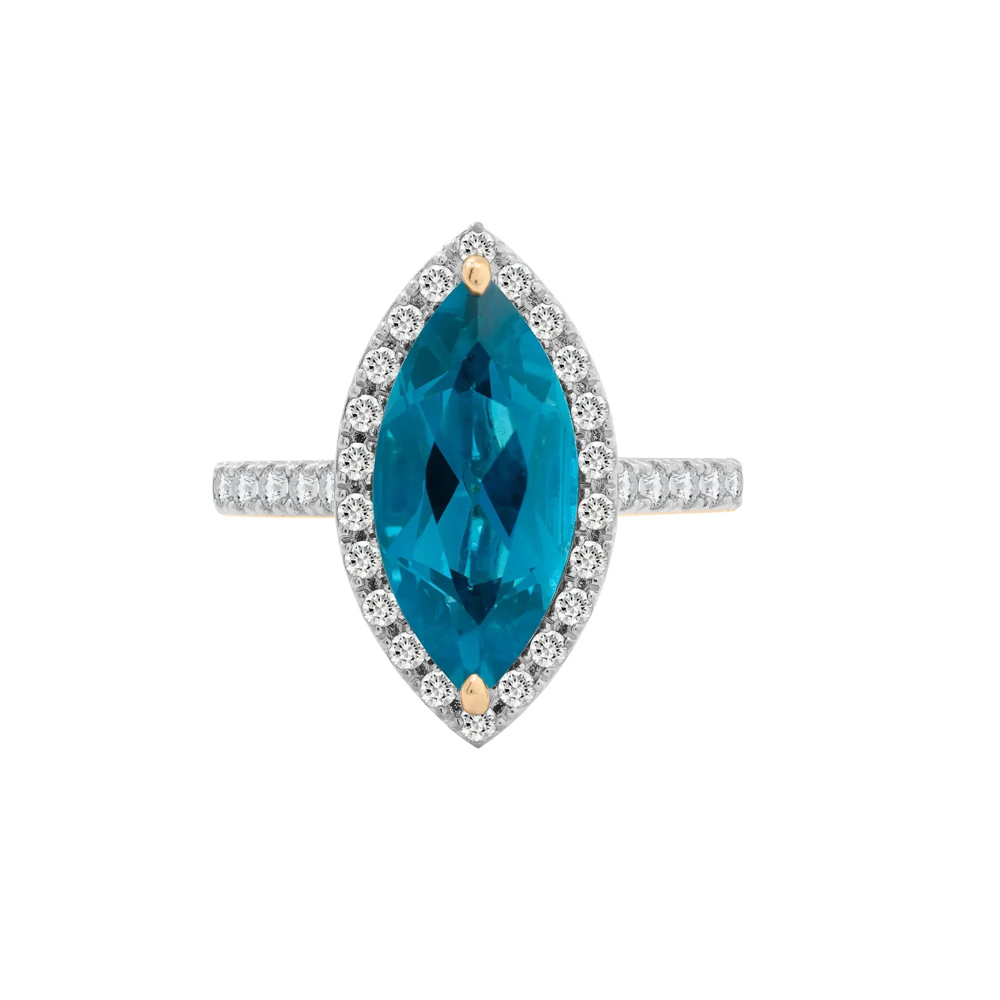 3/8 CT. Tw. London Blue Topaz and Diamond Halo Ring 10K Yellow Gold Round Brilliant Cut Size 6.5 2mm