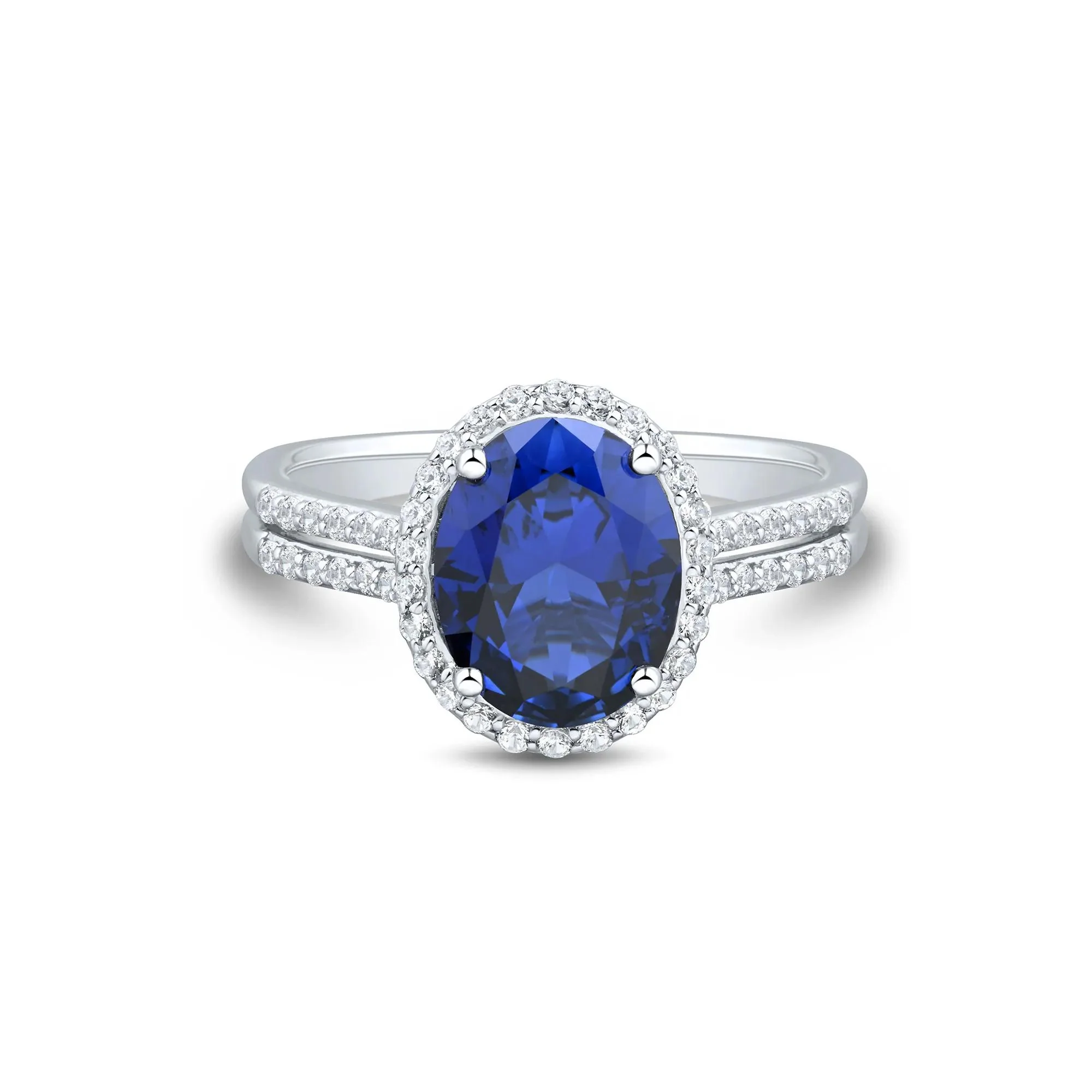 Lab-Created Blue & White Sapphire Double Row Shank Halo Ring .925 Sterling Silver Size 9 1mm