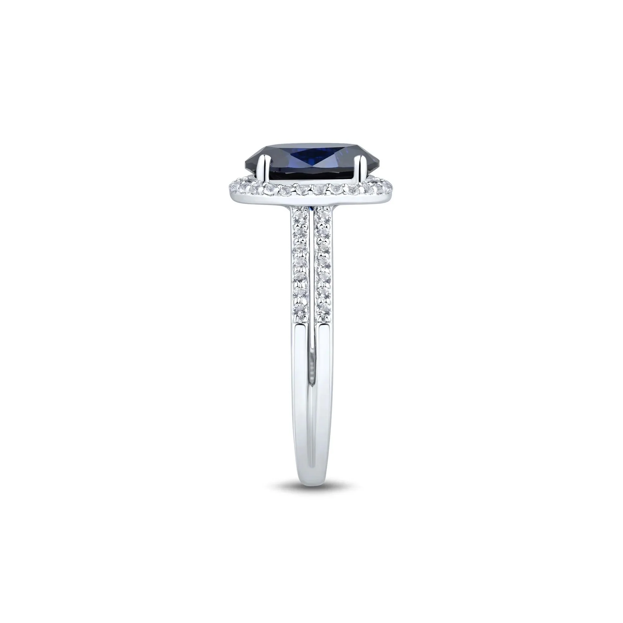 Lab-Created Blue & White Sapphire Double Row Shank Halo Ring .925 Sterling Silver Size 9 1mm - Image 2