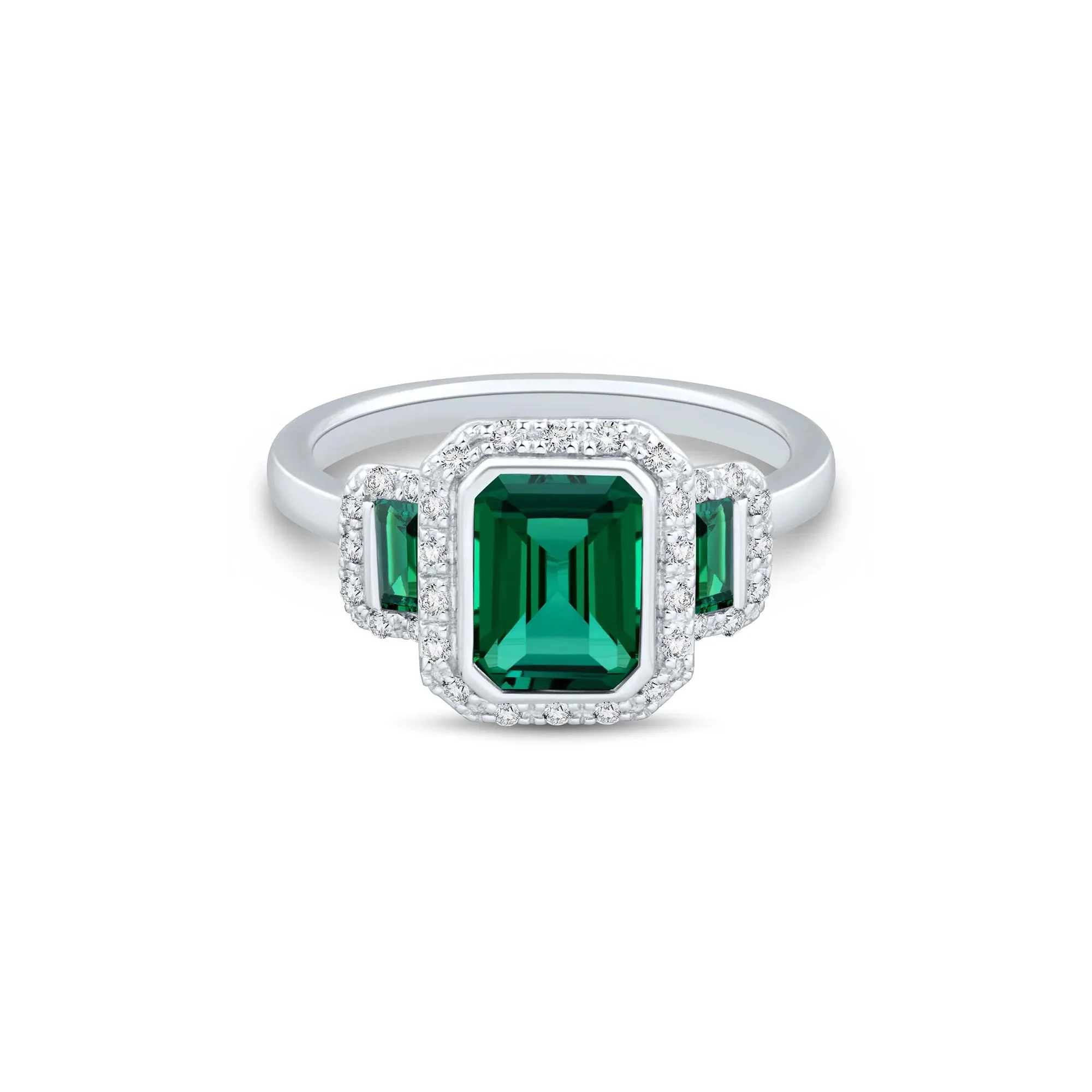 Lab-Created Emerald & Lab-Created White Sapphire Three-Stone Halo Ring .925 Sterling Silver Size 10 1mm