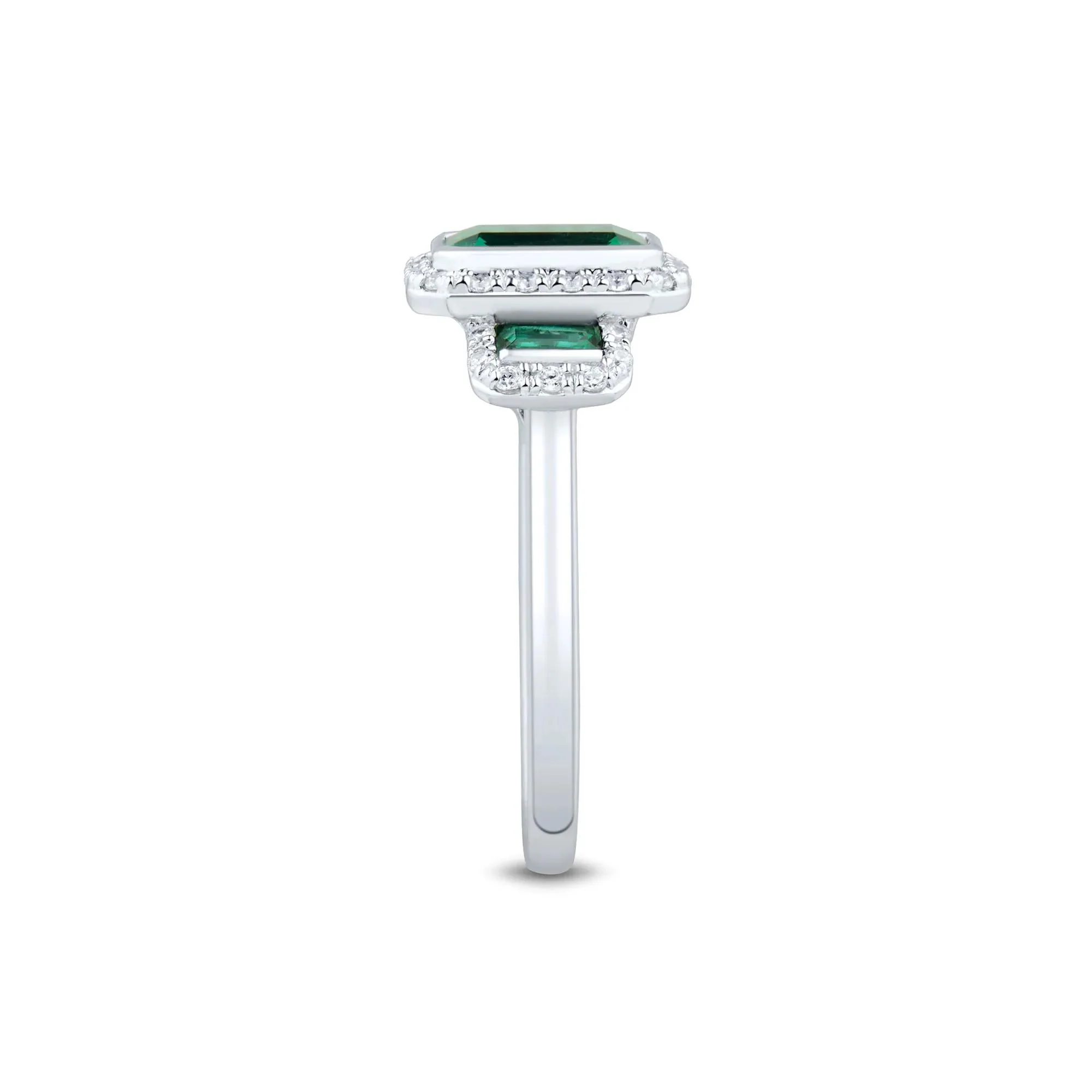 Lab-Created Emerald & Lab-Created White Sapphire Three-Stone Halo Ring .925 Sterling Silver Size 10 1mm - Image 3