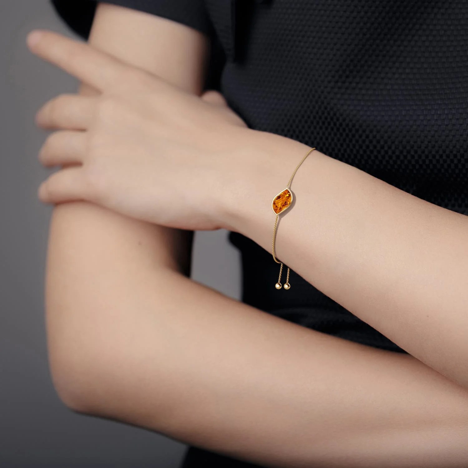 5.5 CTW Bezel-Set Leaf-Shaped Citrine Bolo Bracelet in 14K Yellow Gold - Image 3