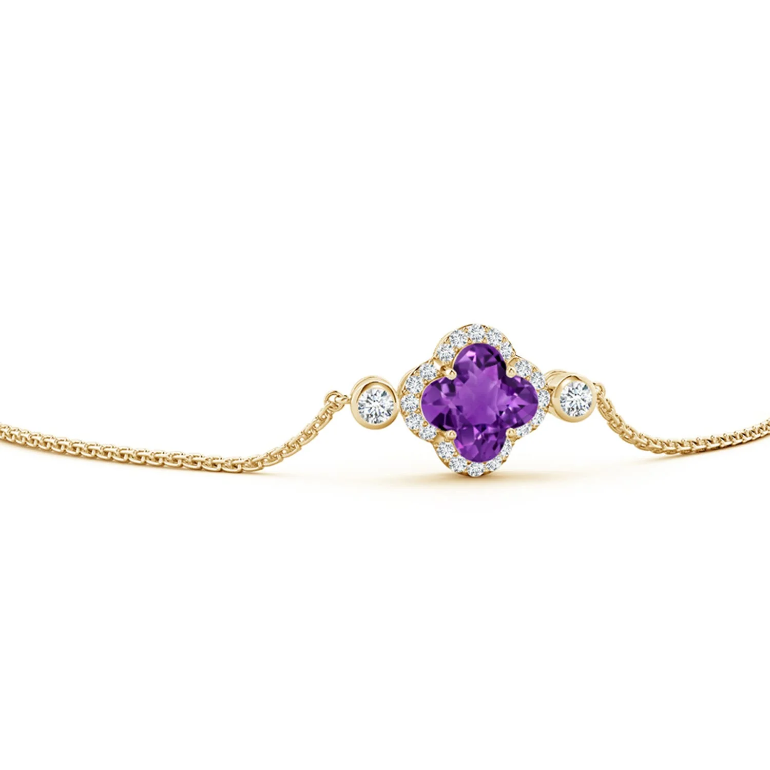2.17 CTW Clover-Shaped Amethyst Bolo Bracelet with Diamonds in 14K Yellow Gold - Image 3