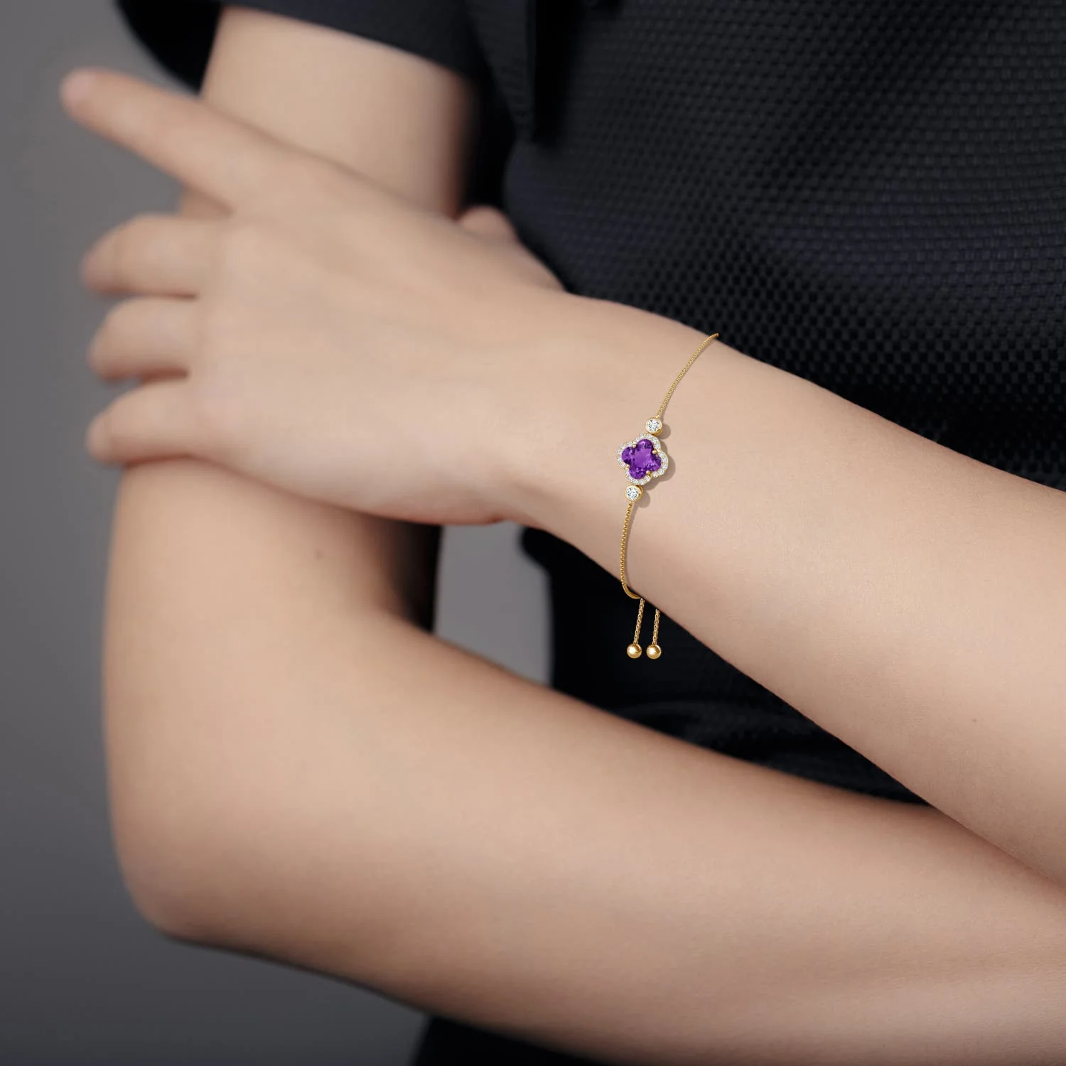 2.17 CTW Clover-Shaped Amethyst Bolo Bracelet with Diamonds in 14K Yellow Gold - Image 4