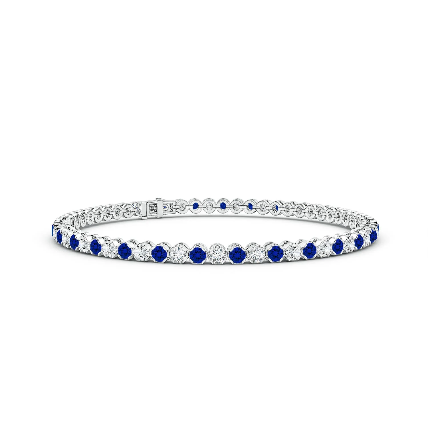 2.56 CTW Prong-Set Round Lab-Grown Blue Sapphire and Diamond Alternating Tennis Bolo Bracelet in 14K White Gold - Image 4