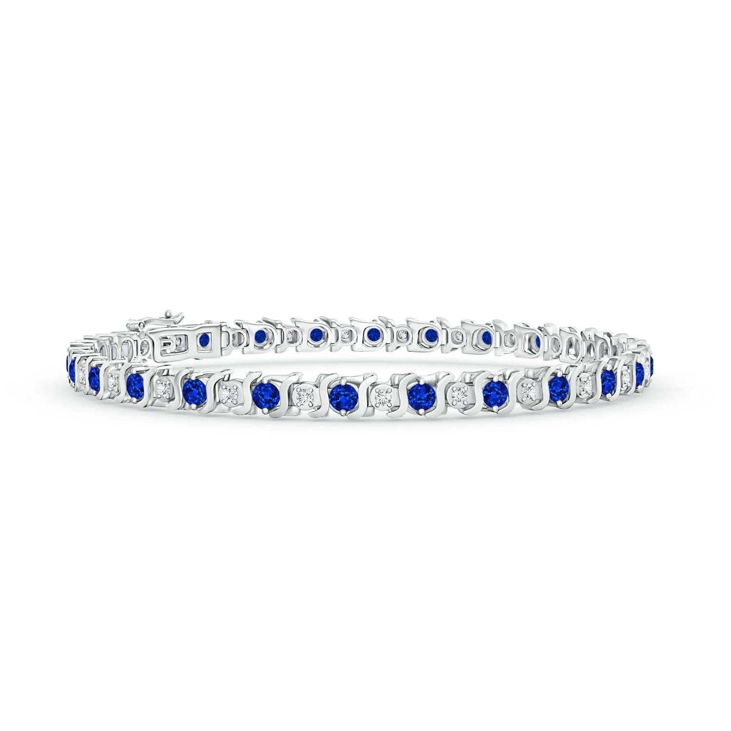 2.56 CTW Prong-Set Round Lab-Grown Blue Sapphire and Diamond Alternating Tennis Bolo Bracelet in 14K White Gold - Image 6