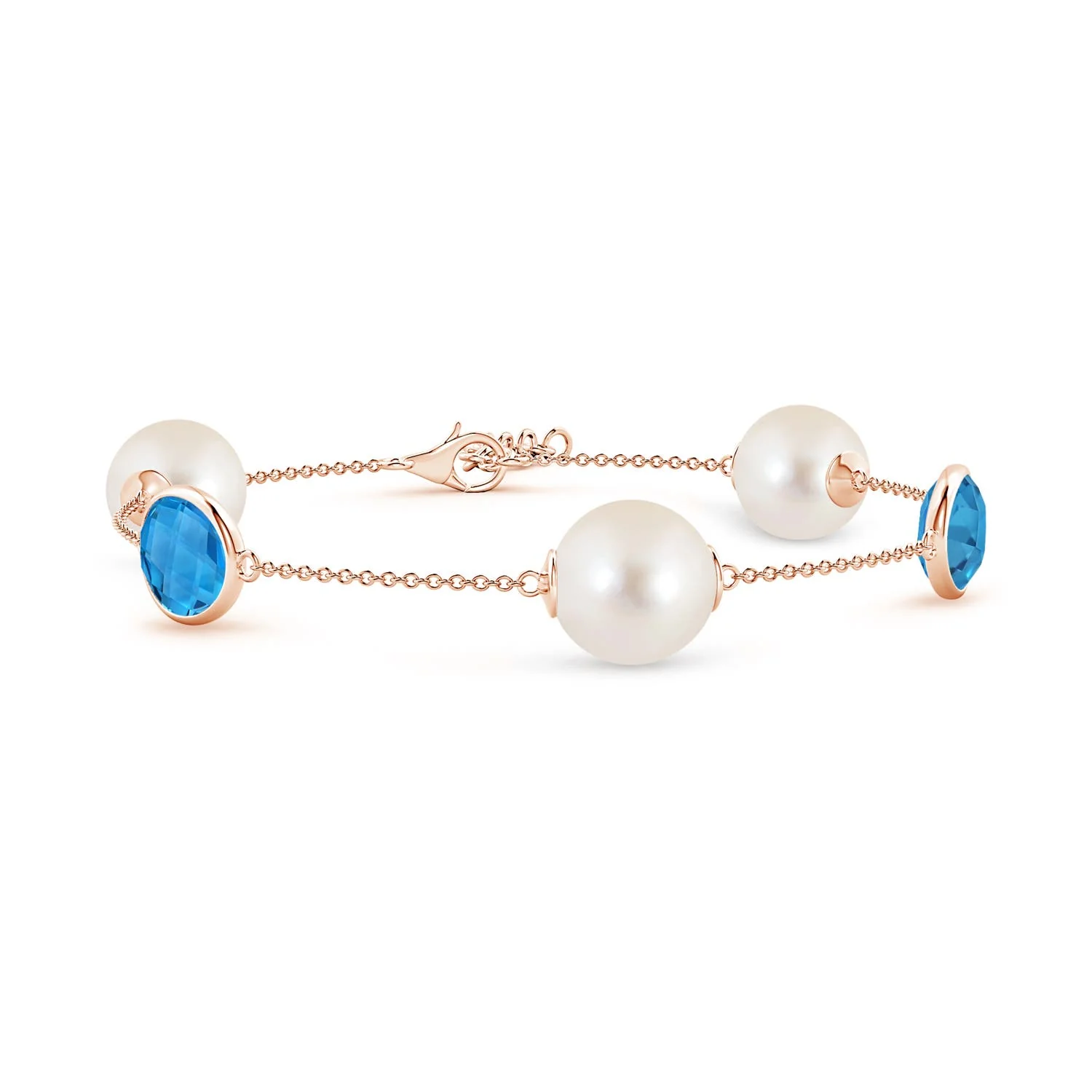 8 MM Japanese Akoya Pearl & Oval Swiss Blue Topaz Bracelet in 18K Rose Gold - Image 5