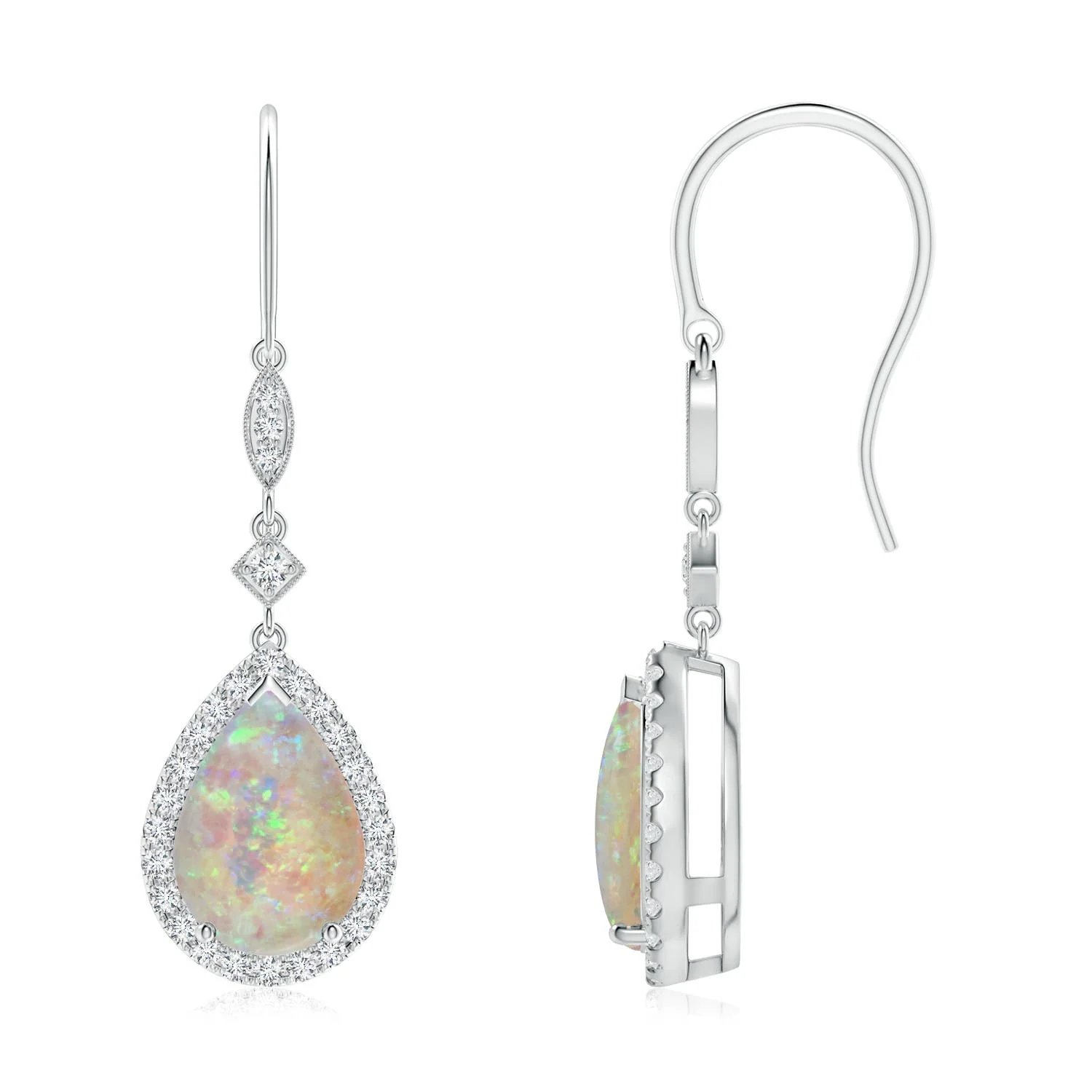4.24 CTW Pear-Shaped Tanzanite Drop Earrings with Diamond Halo in 18K White Gold - Image 4