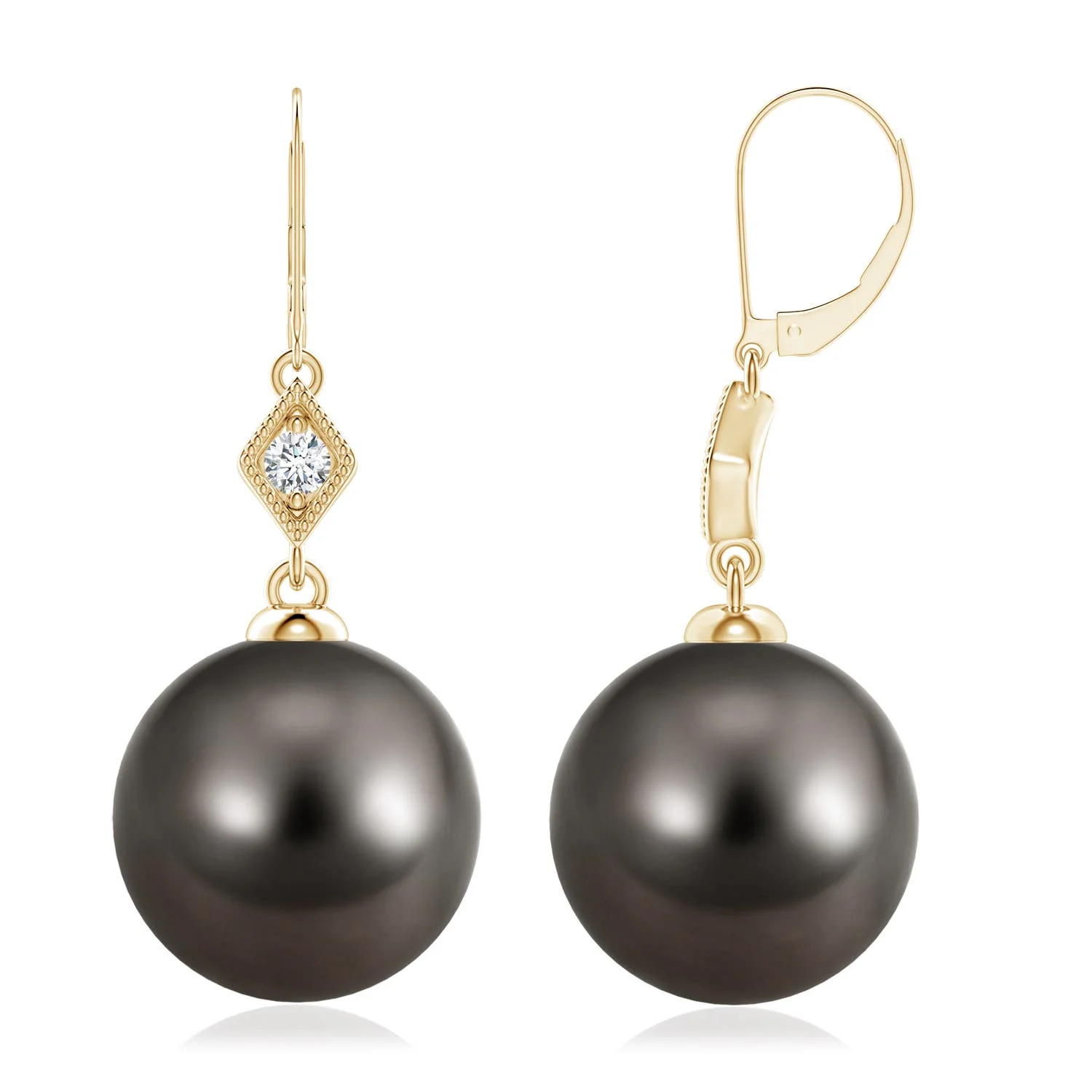 9 MM Tahitian Pearl Flame Earrings with Diamonds in 14K Yellow Gold - Image 6