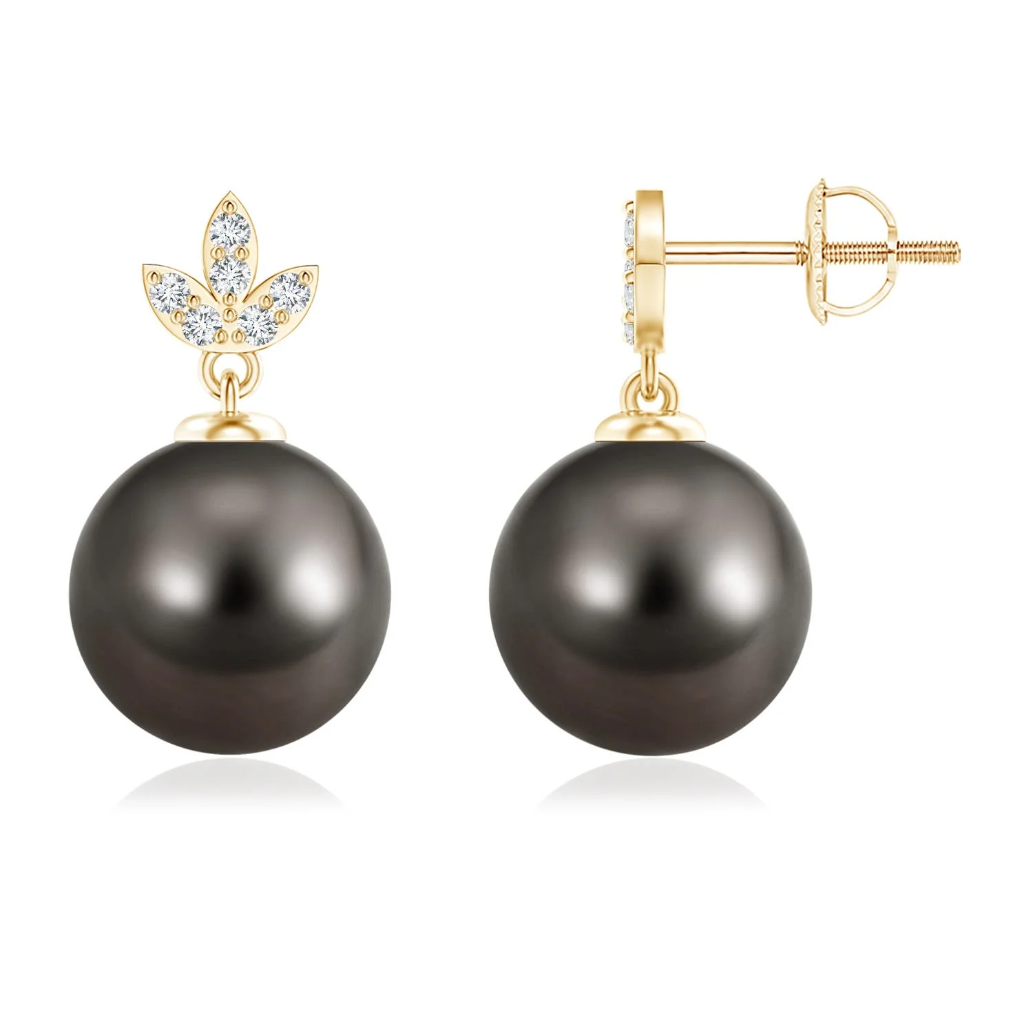 9 MM Tahitian Pearl Flame Earrings with Diamonds in 14K Yellow Gold - Image 8
