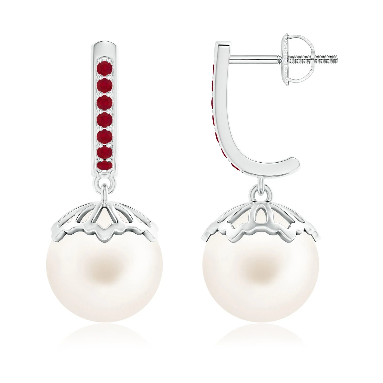 10 MM Classic Freshwater Pearl & Ruby Dangle Earrings in 18K White Gold - Image 2