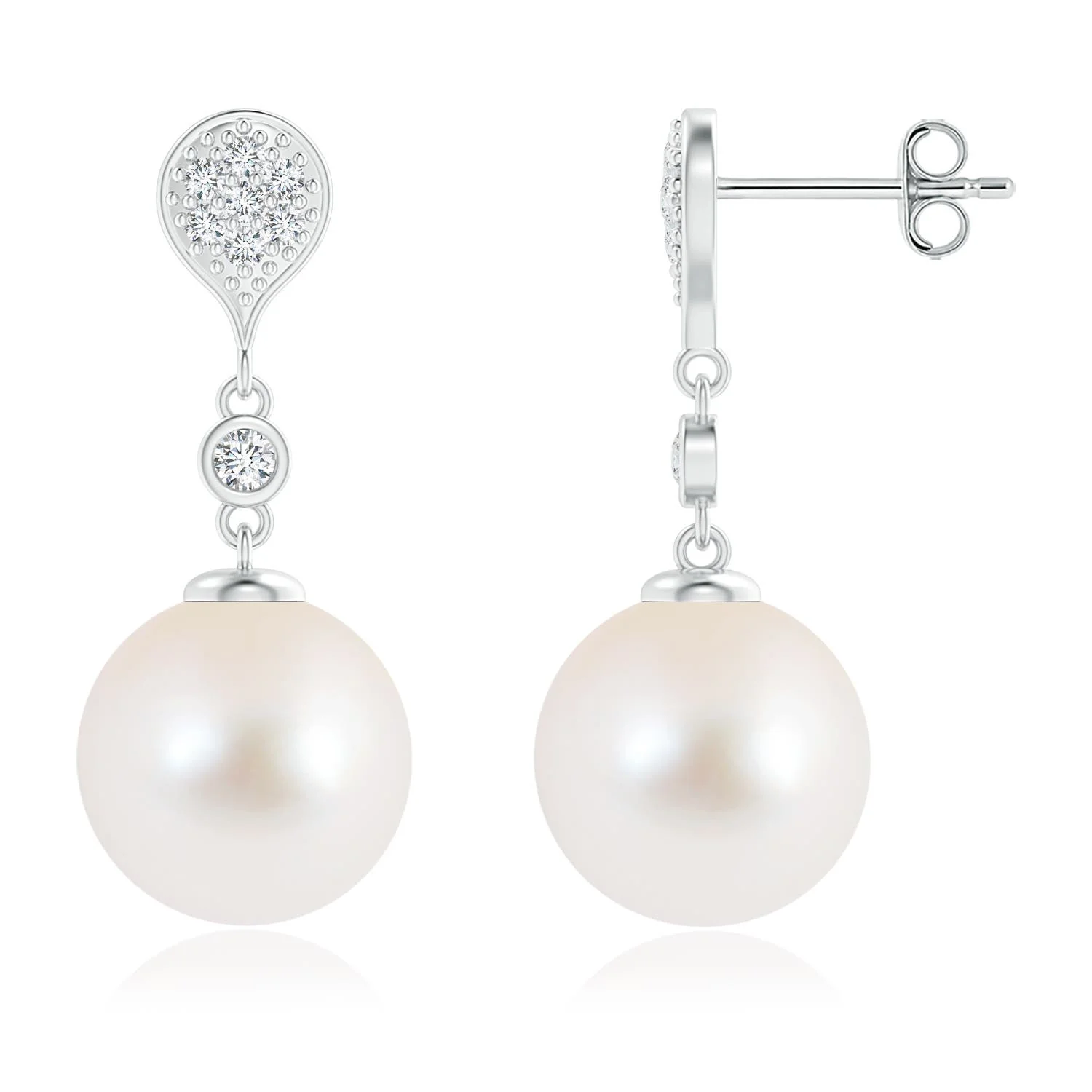 10 MM Freshwater Pearl and Diamond Dangle Earrings in Silver - Image 4