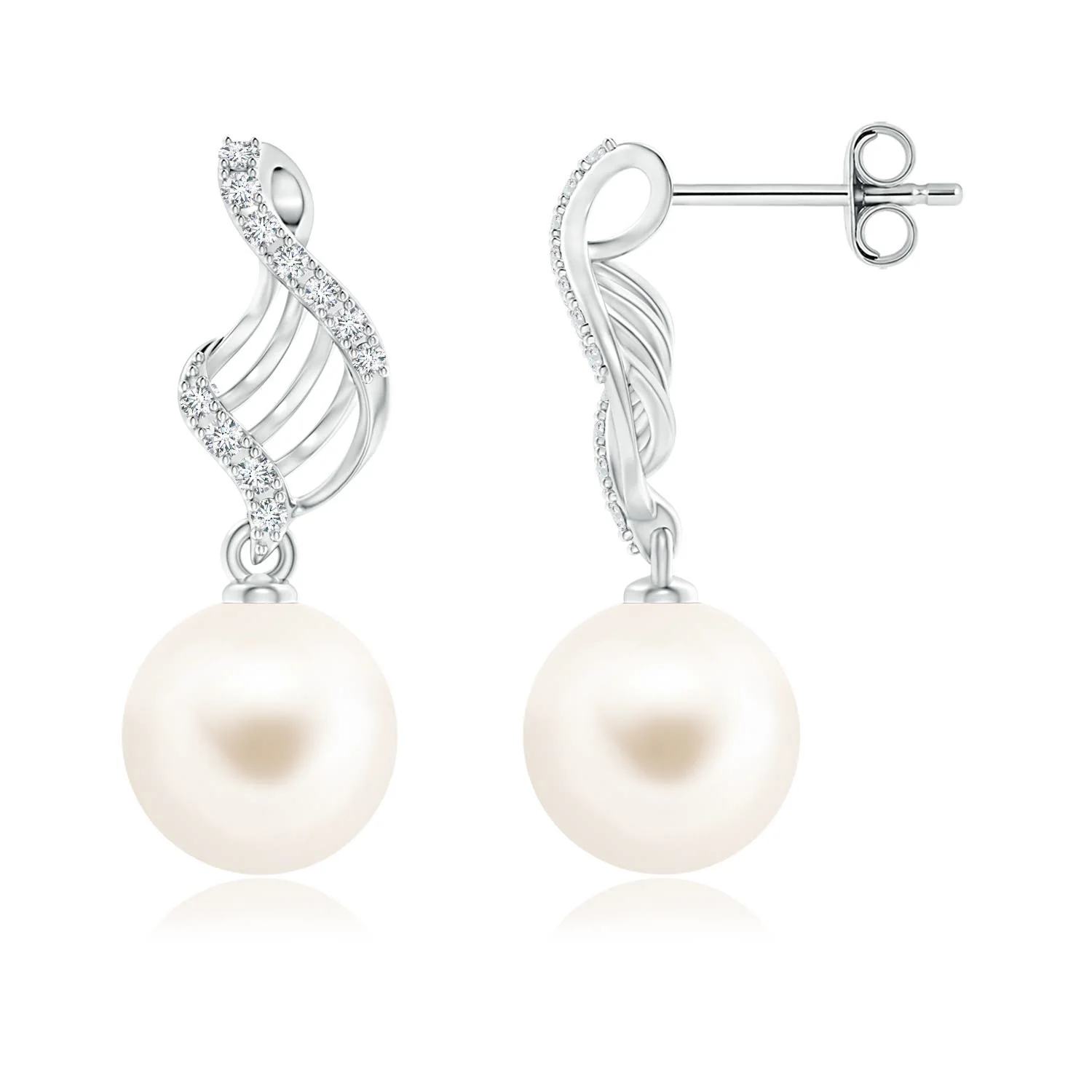 10 MM Classic Freshwater Pearl and Diamond Drop Earrings in Silver - Image 5