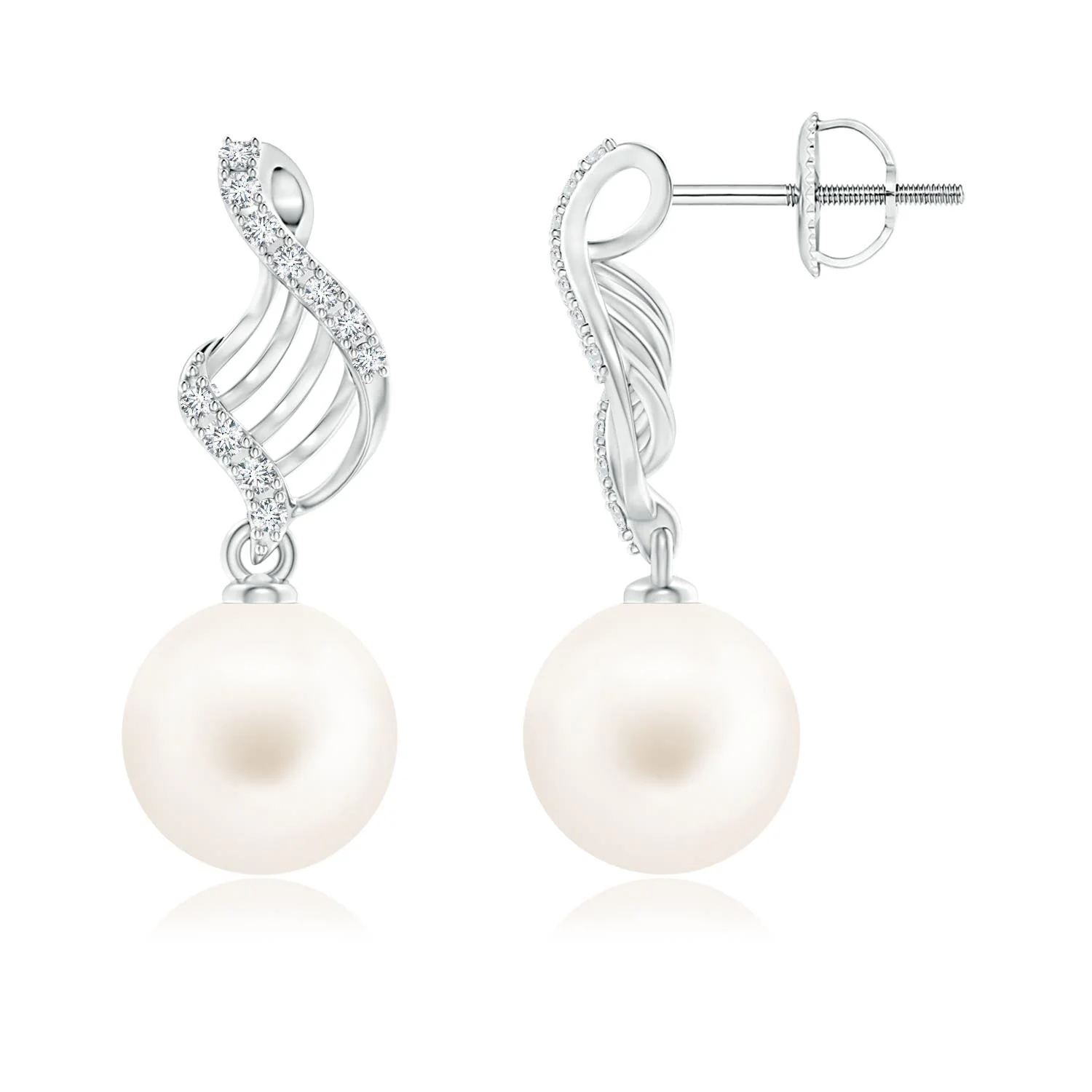 10 MM Freshwater Pearl Swirl Dangle Earrings in 18K White Gold - Image 2