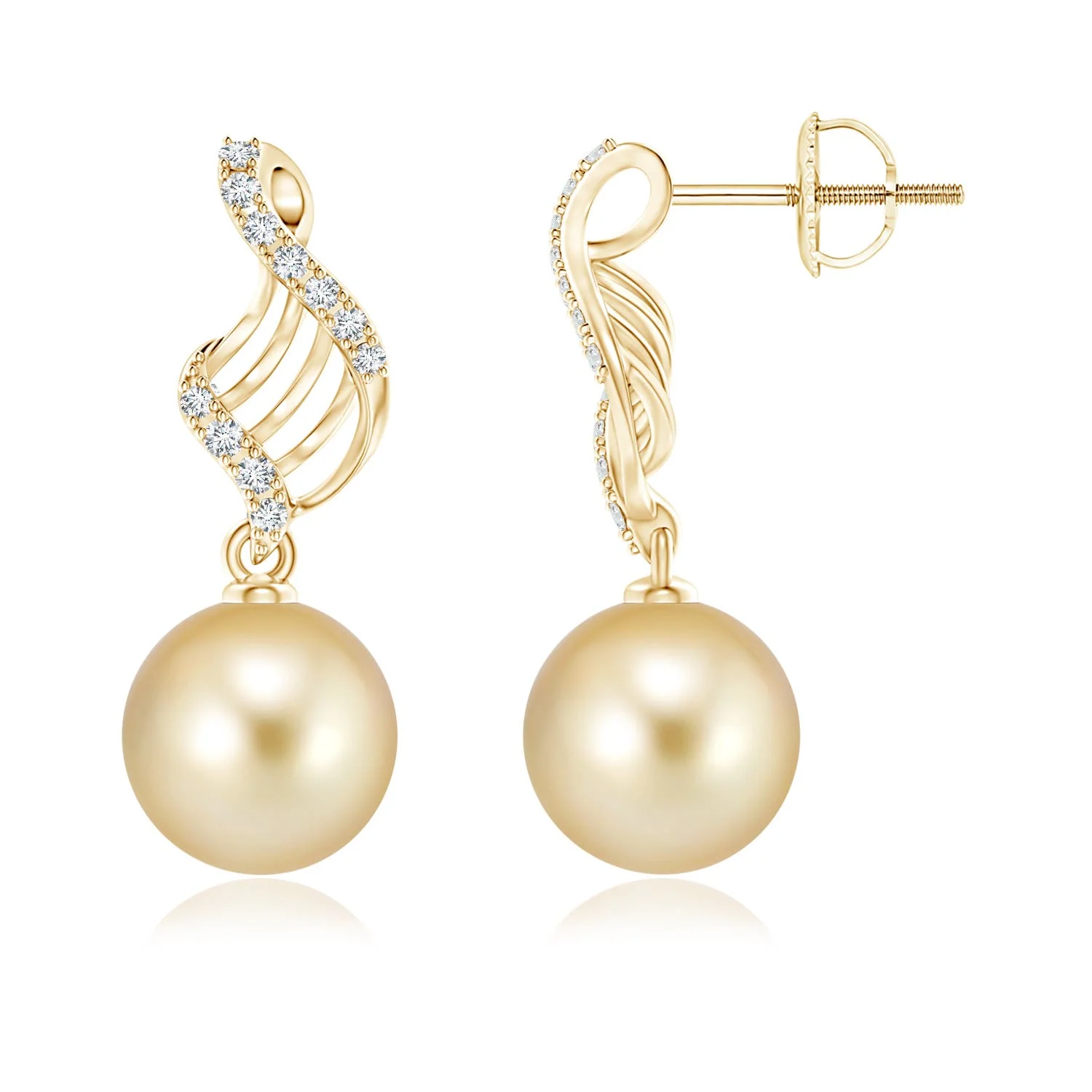 10 MM Golden South Sea Pearl and Diamond Swirl Earrings in 18K White Gold - Image 8
