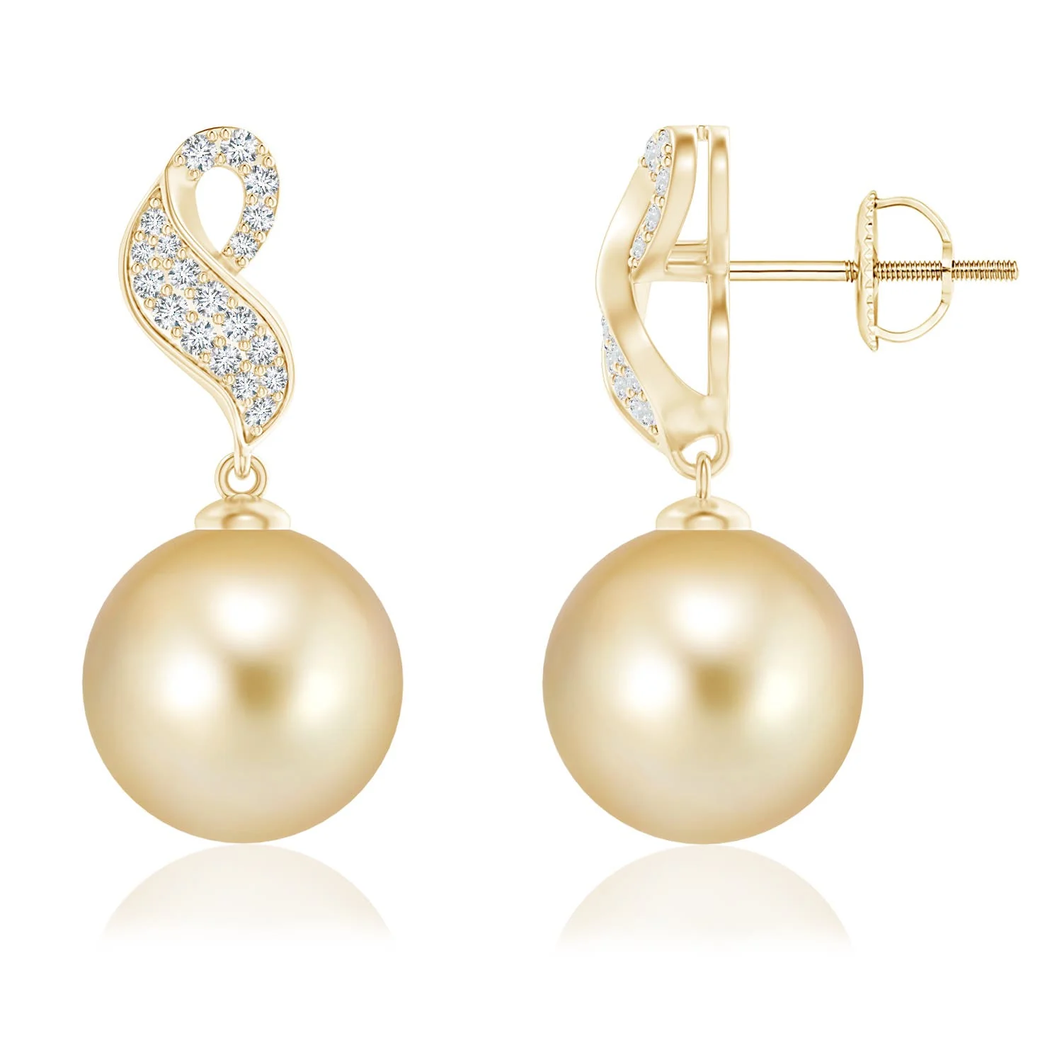 9 MM Golden South Sea Pearl Spiral Ribbon Drop Earrings in 18K Rose Gold - Image 7