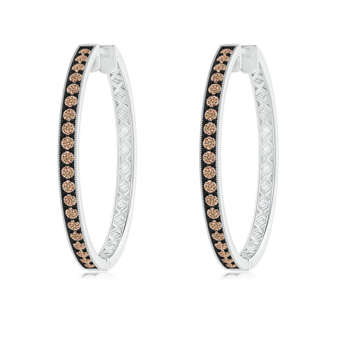 1 MM Coffee and White Diamond Studded Double Hoop Earrings in 18K White Gold - Image 8
