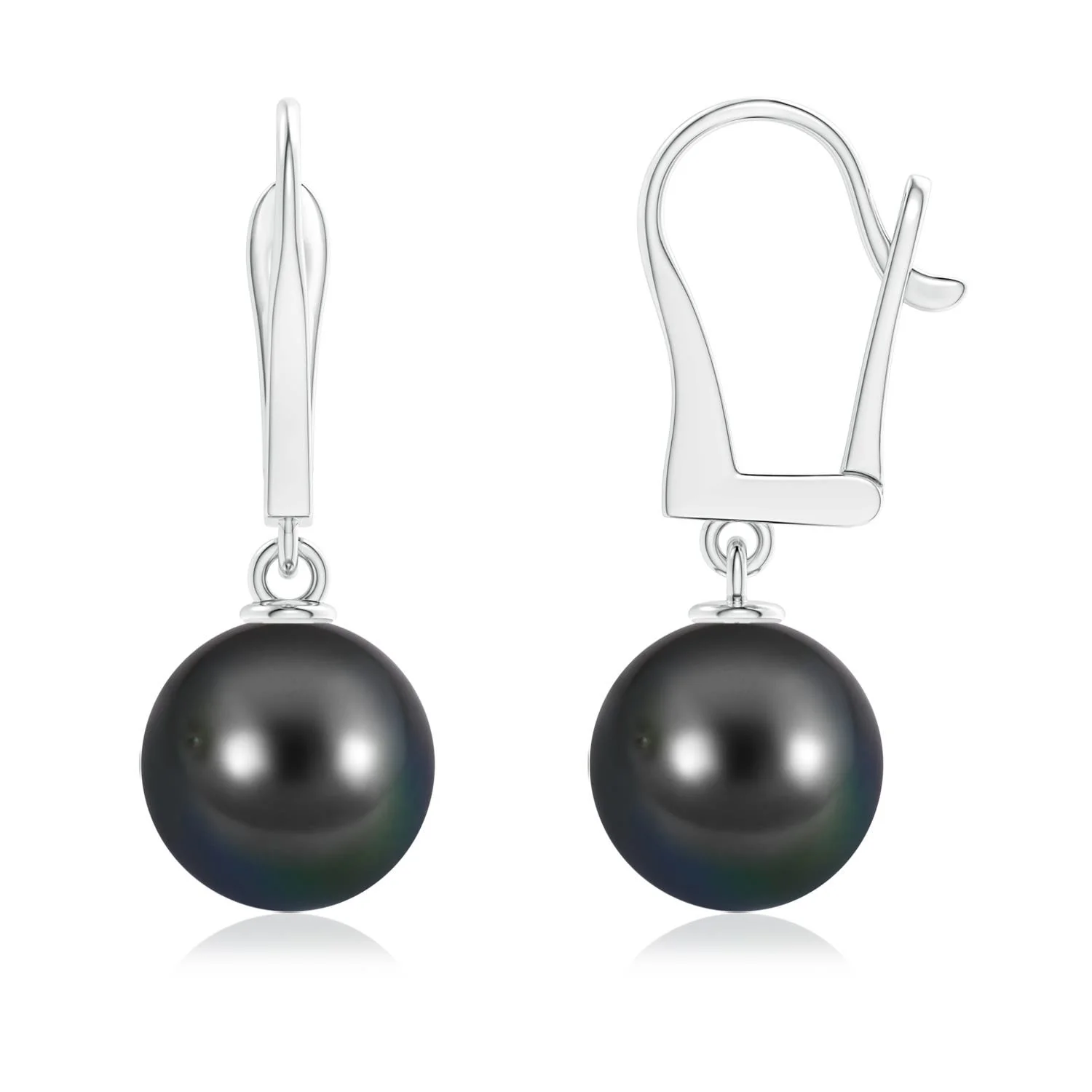 10 MM Solitaire Tahitian Cultured Pearl Leverback Dangle Earrings in 18K White Gold - Image 4