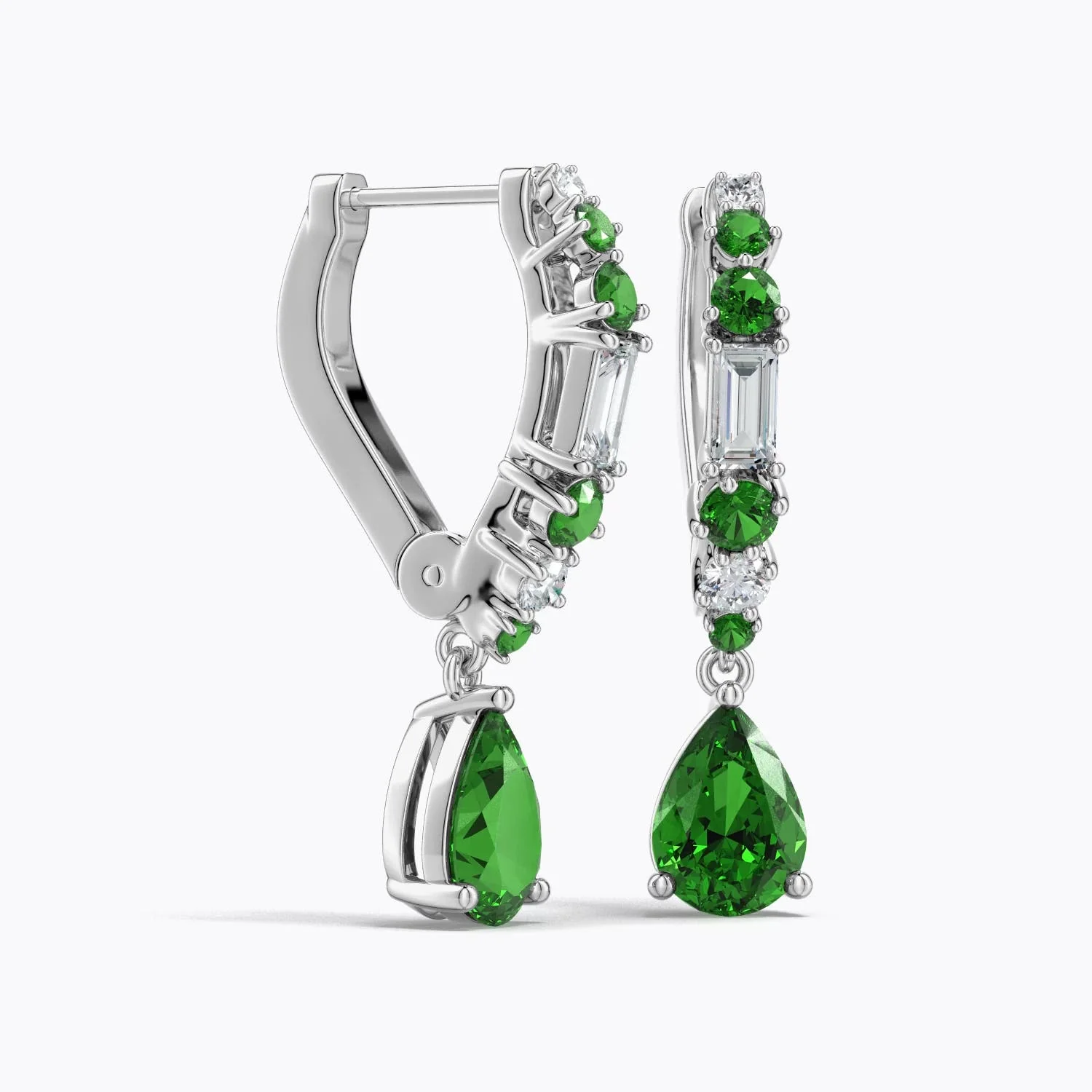 1.85 CTW Pear Emerald Hoop Drop Earrings with Accents in 14K White Gold