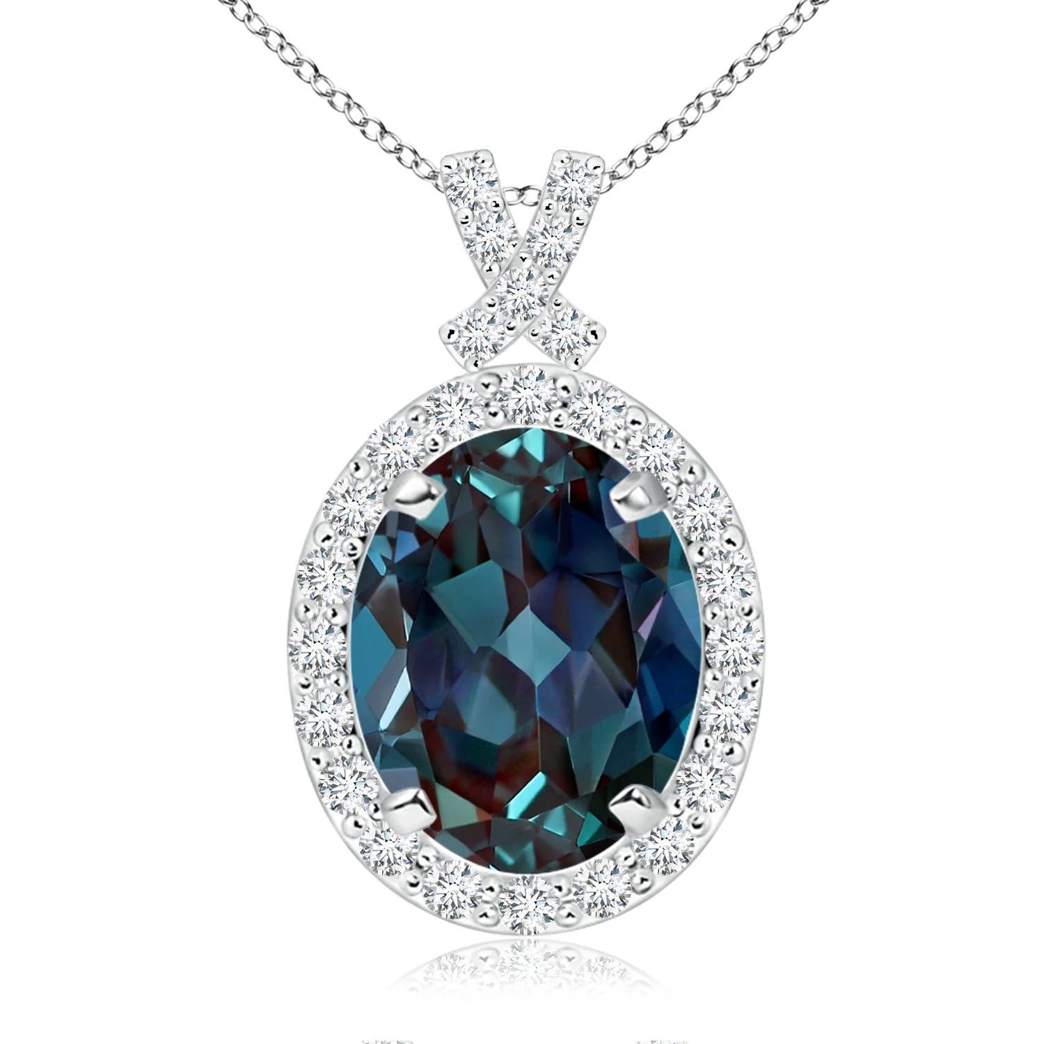 1.59 CTW Shell Style Oval Lab-Grown Alexandrite and Diamond Pendant in 18K White Gold - Image 10