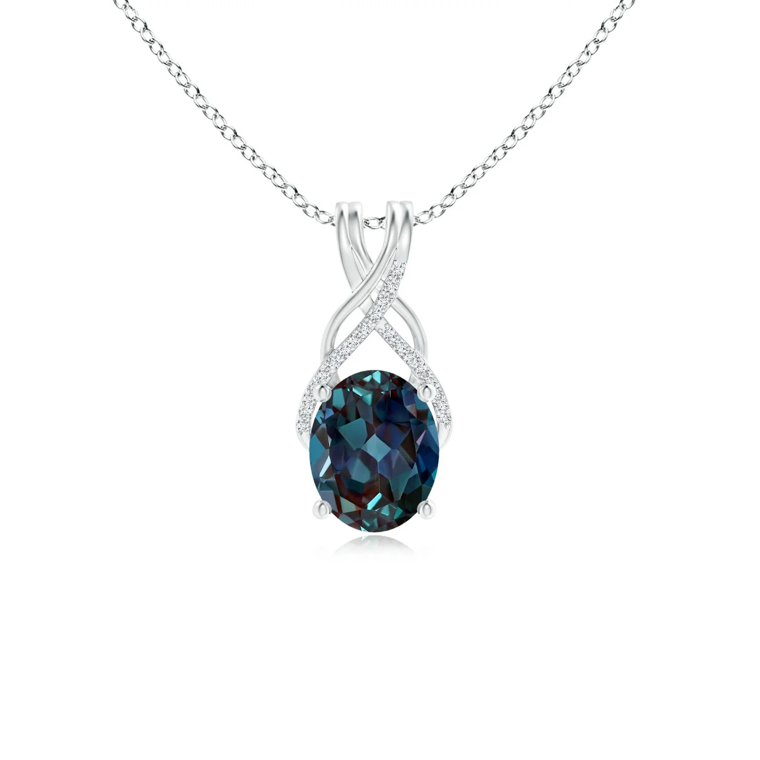 1.59 CTW Shell Style Oval Lab-Grown Alexandrite and Diamond Pendant in 18K White Gold - Image 9