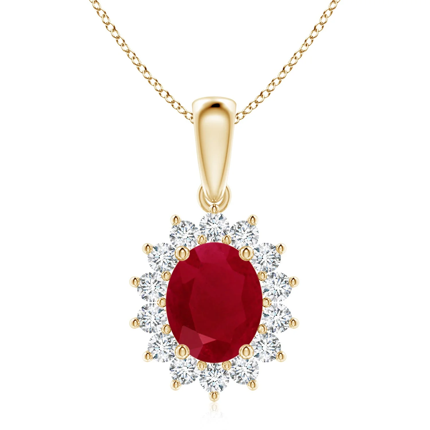 4.27 CTW Lab-Grown Oval Ruby Pendant with Floral Halo in 14K Yellow Gold - Image 6
