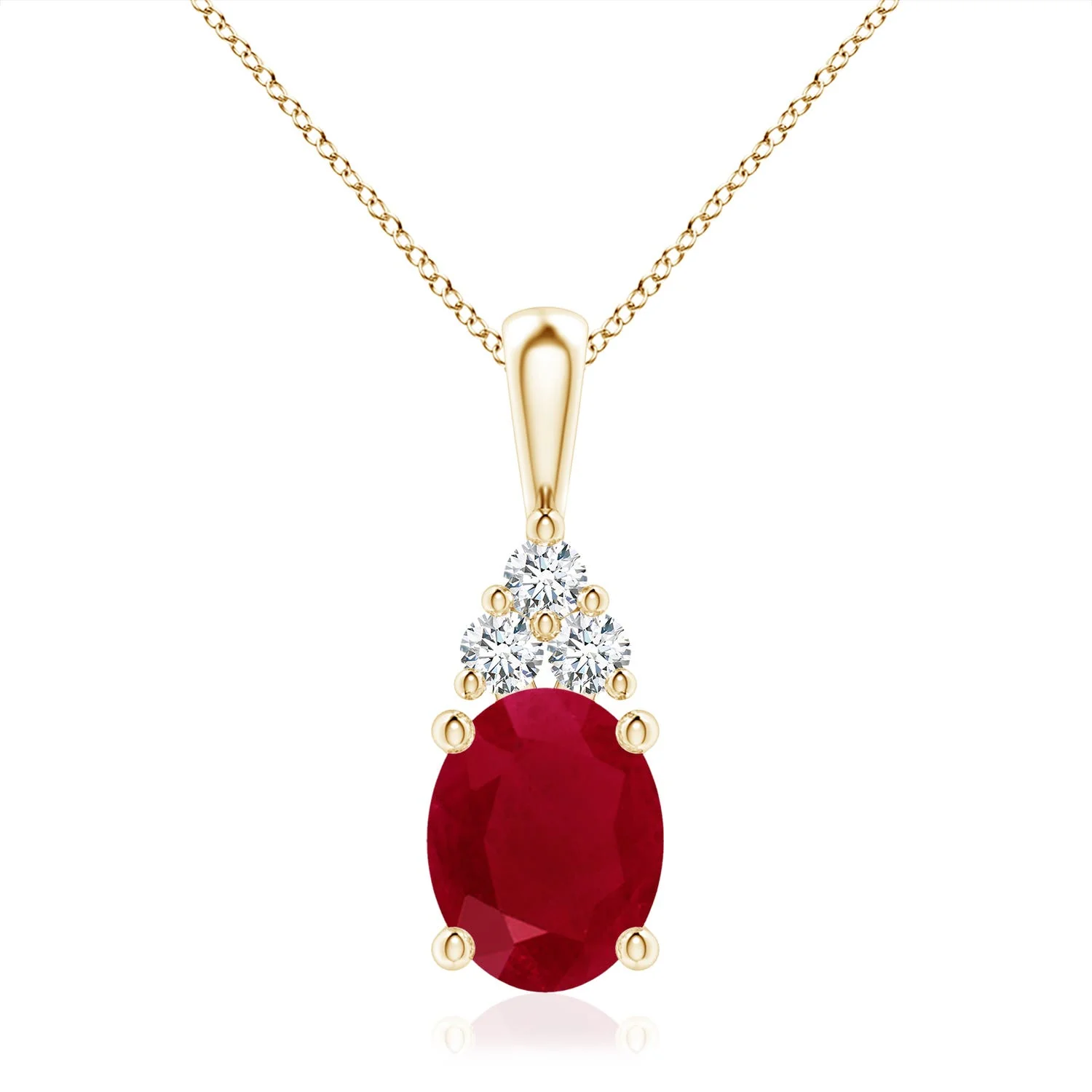 3.56 CTW Lab-Grown Oval Ruby Solitaire Pendant with Trio Lab Diamond in 14K Yellow Gold - Image 5