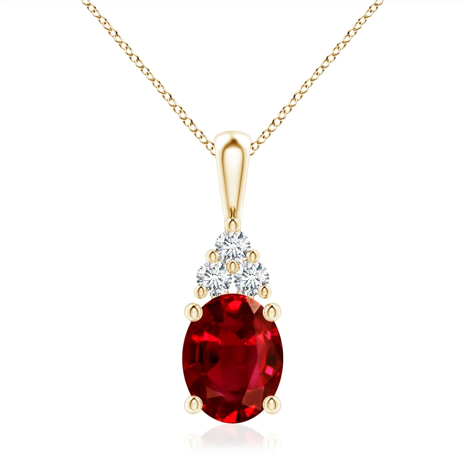 3.56 CTW Lab-Grown Oval Ruby Solitaire Pendant with Trio Lab Diamond in 14K Yellow Gold - Image 8