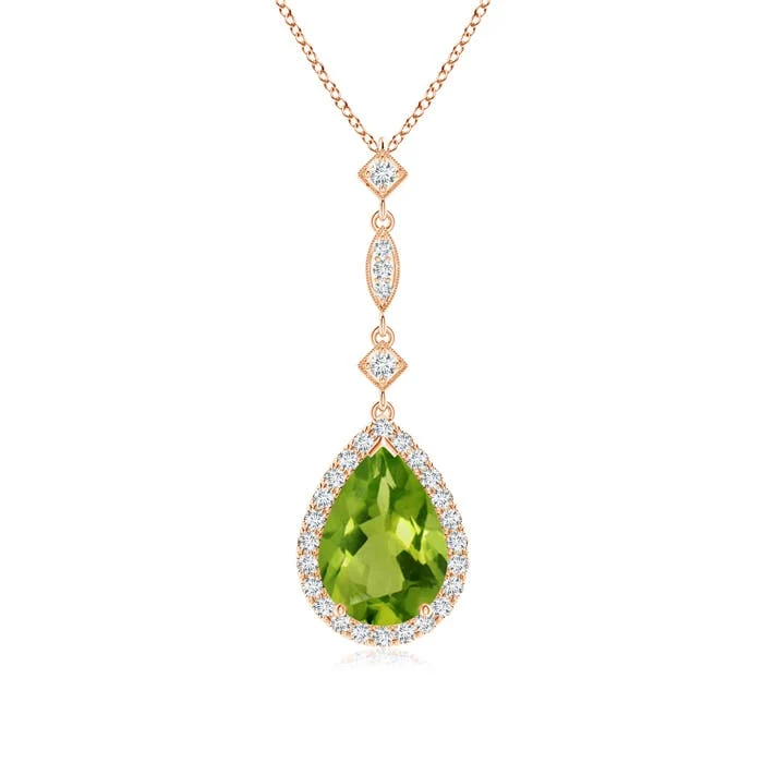 10.5 CTW Pear Peridot and Freshwater Pearl Drop Necklace in 18K Rose Gold - Image 7